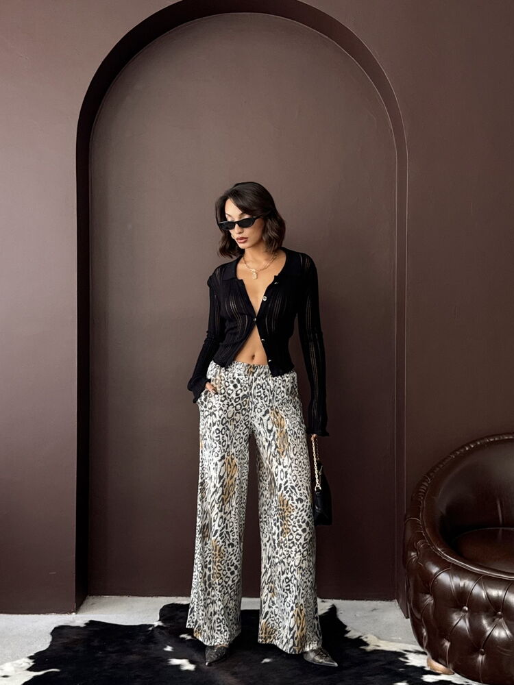 Topshow - Toptan Trend Leopar Desenli Bol Paça Pantolon - Günlük Ve Gece