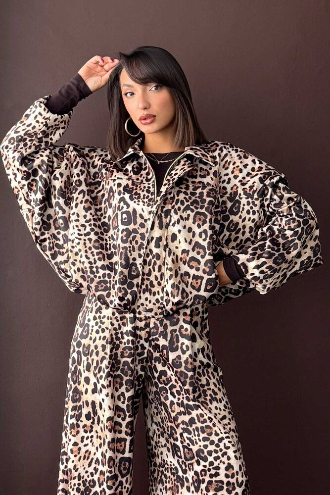 Topshow Leopar Baskılı Saten Toptan Mont
