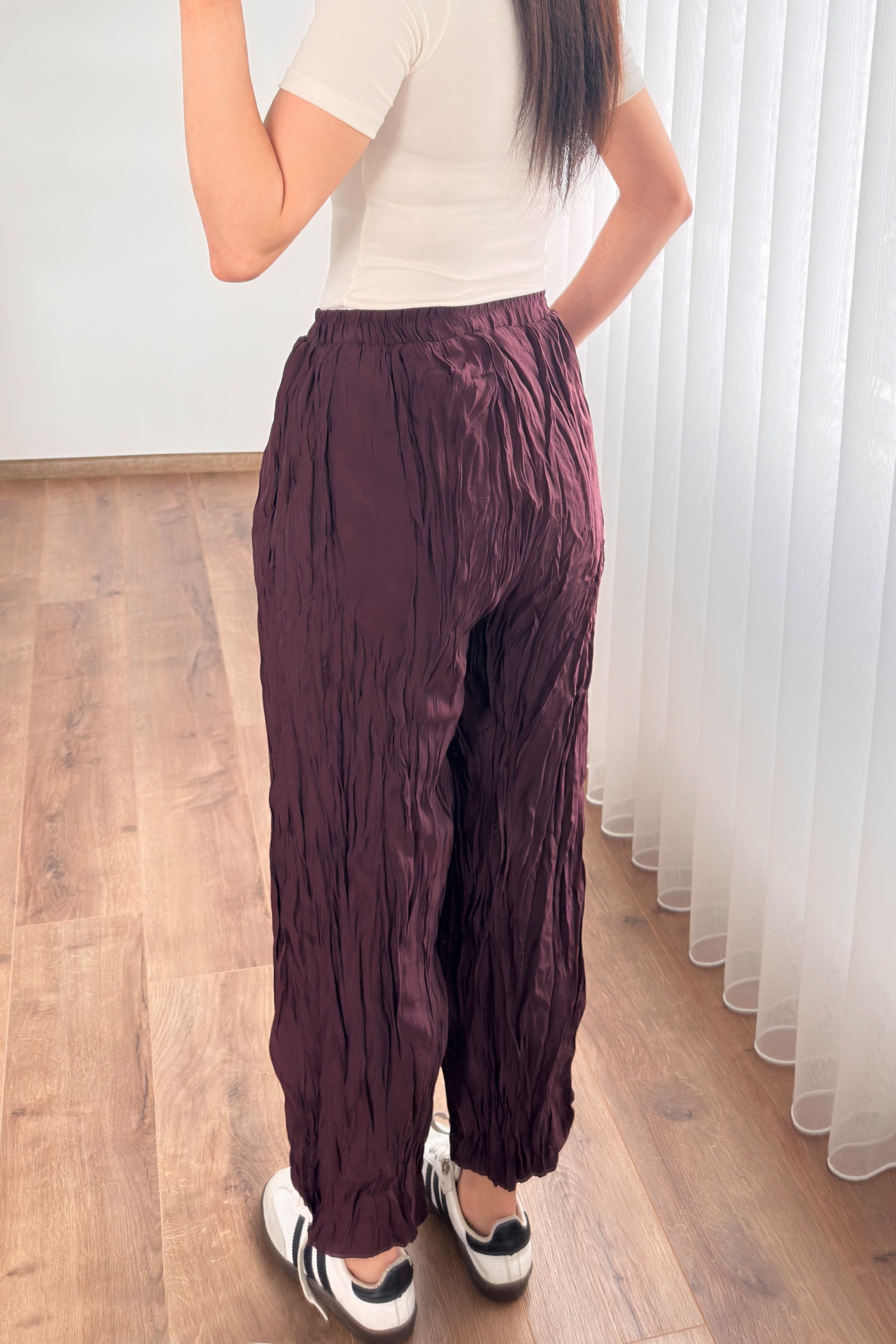 Kırışık Kumaş Toptan Mürdüm Şalvar Pantolon