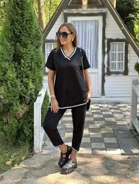 Kadın Kısa Kollu V Yakalı Iki Iplik Bluz Ve Pantolon Ikili Takım , 35789