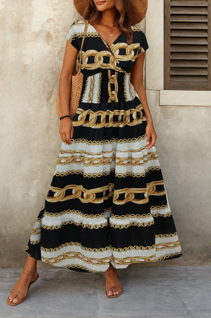 Women's Short-Sleeved Wrap-Around Neckline Elasticated Waist Supreme Maxi Dress, 25585