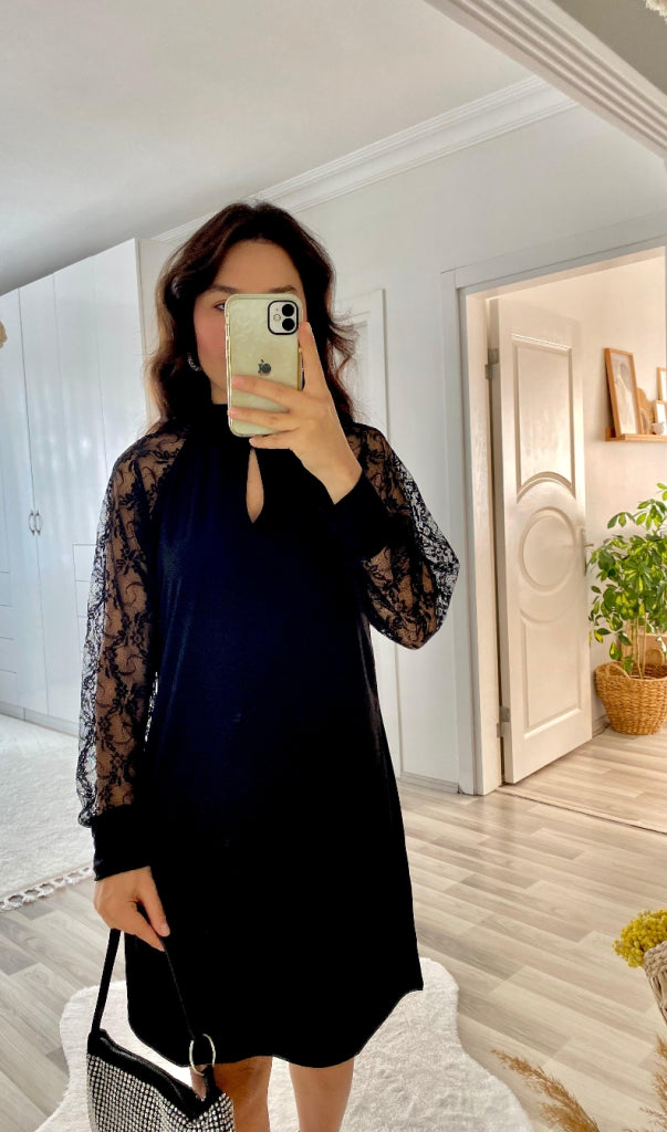 Kadın Uzun Kollu Damla Detaylı Sandy Mini Elbise, 37448