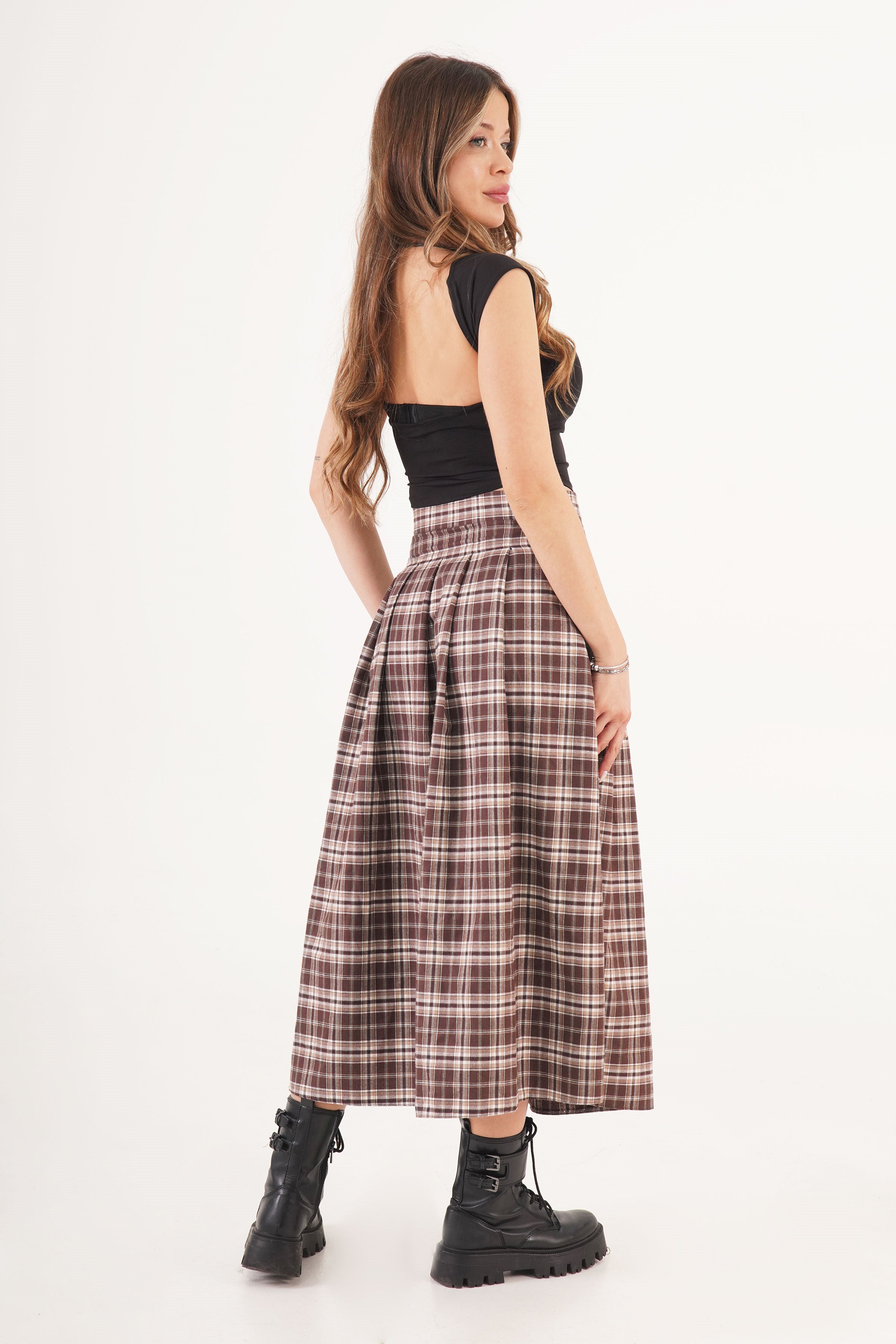 Kemer Detaylı Yan Yırtmaçlı Kahve Ekose Toptan Uzun Etek