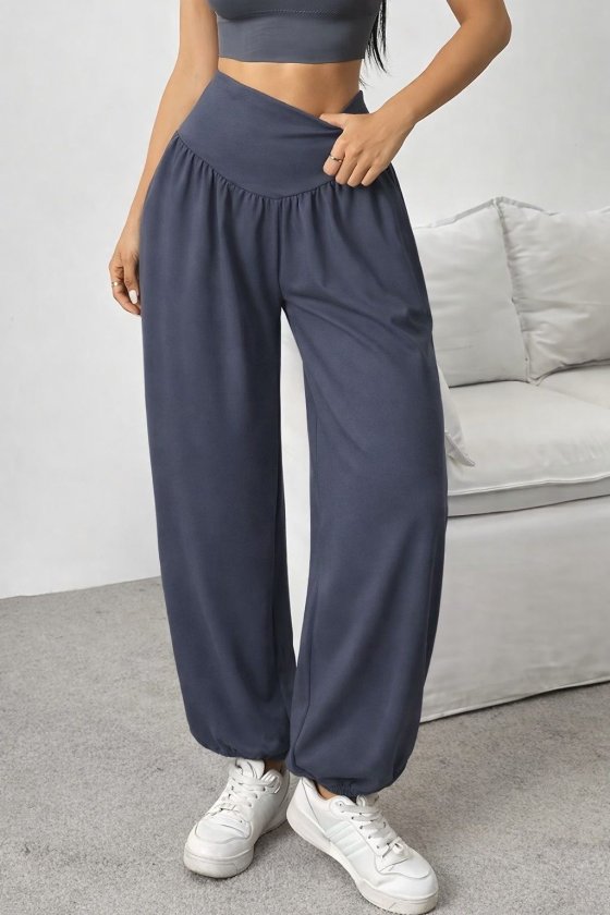 Women's High Waisted Ruched Pocket Wide Leg Viscose Two-Thread Trousers, 32472