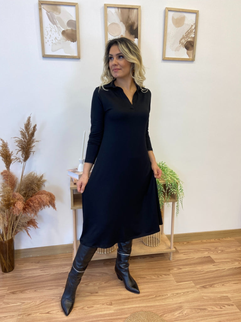 Kadın Uzun Kollu Yakalı Midi Viskon Iki Iplik Elbise, 28777