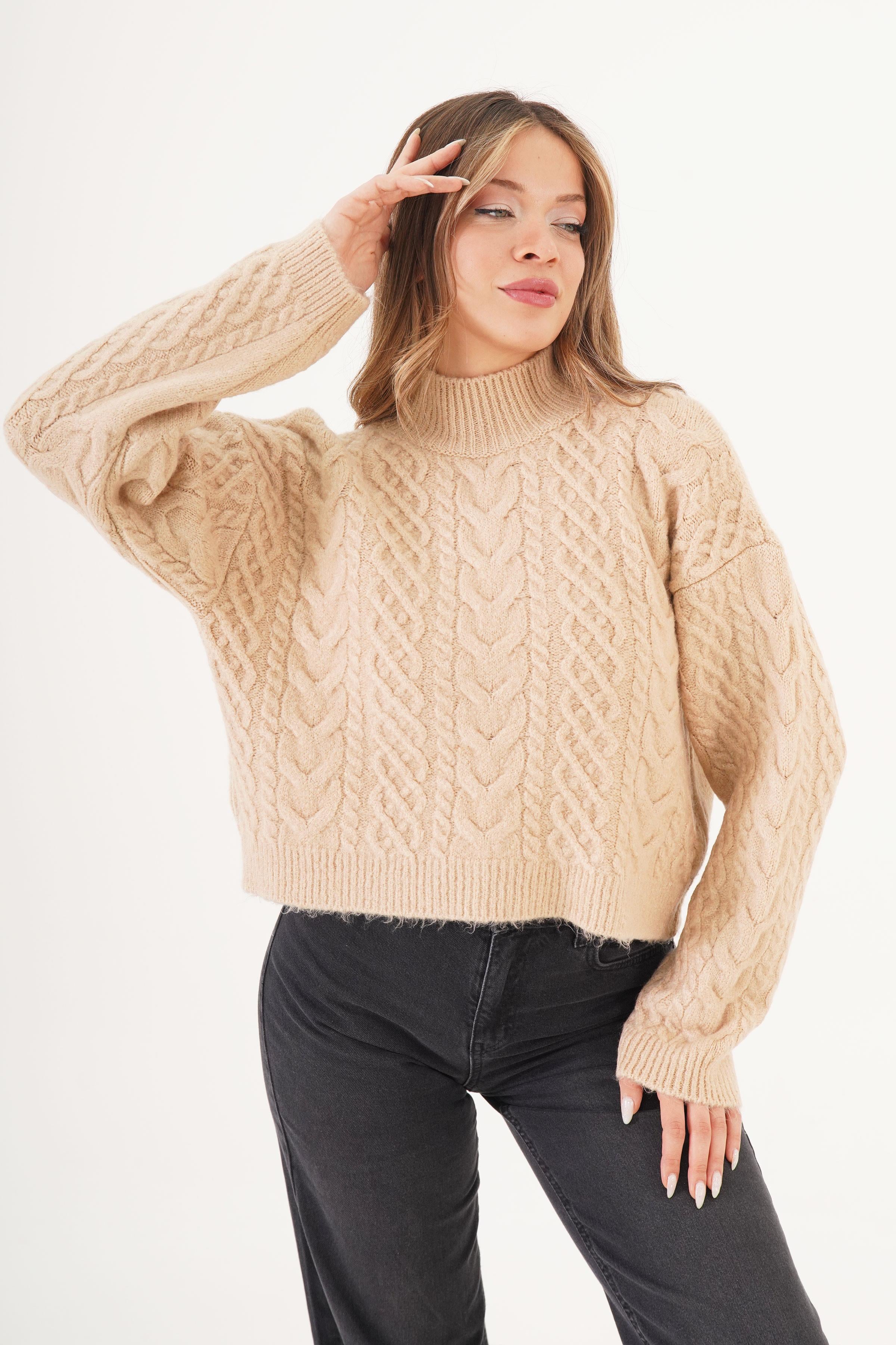 Sarmal Örgü Desenli Triko Krem Toptan Kazak Krem STD