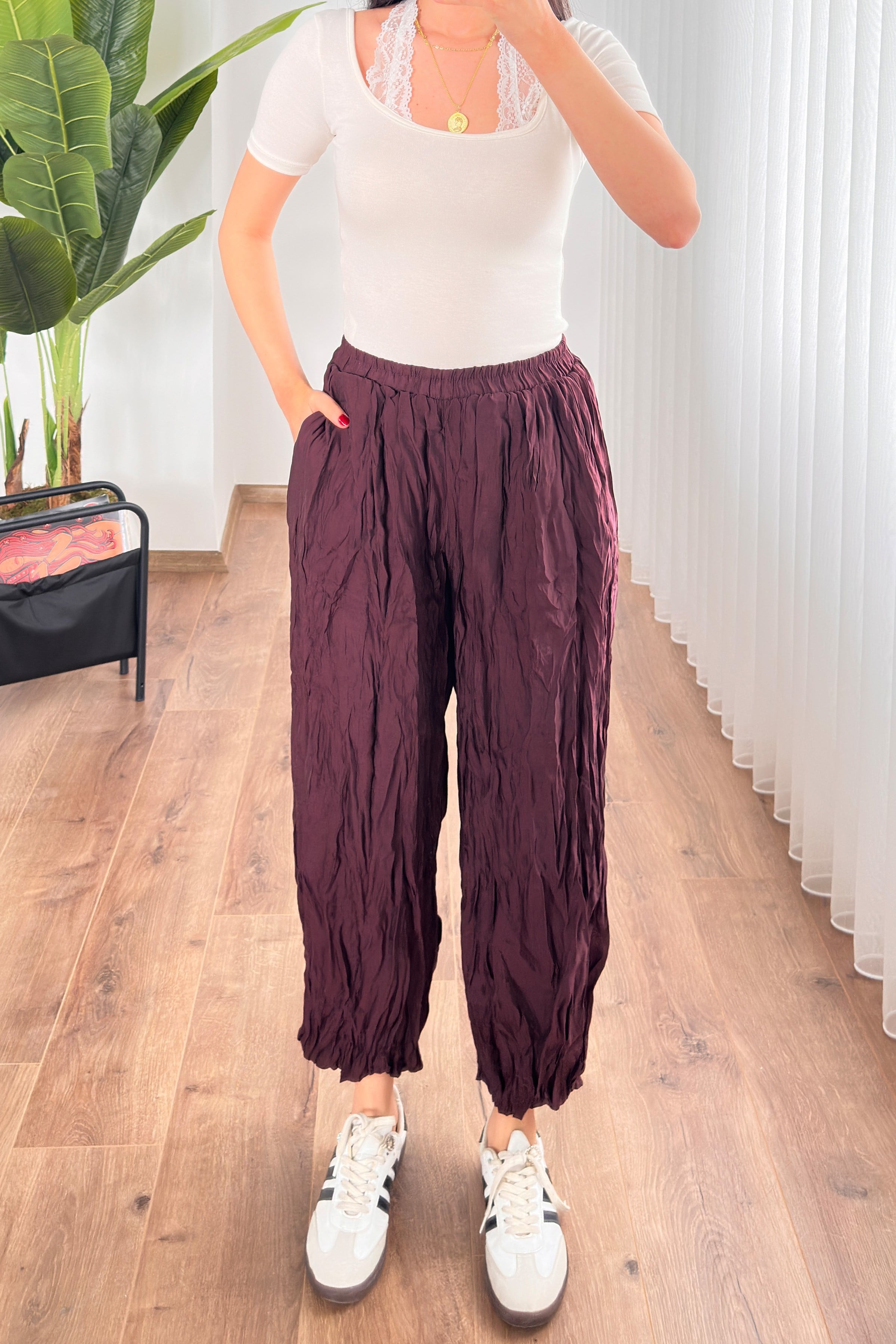 Kırışık Kumaş Toptan Mürdüm Şalvar Pantolon