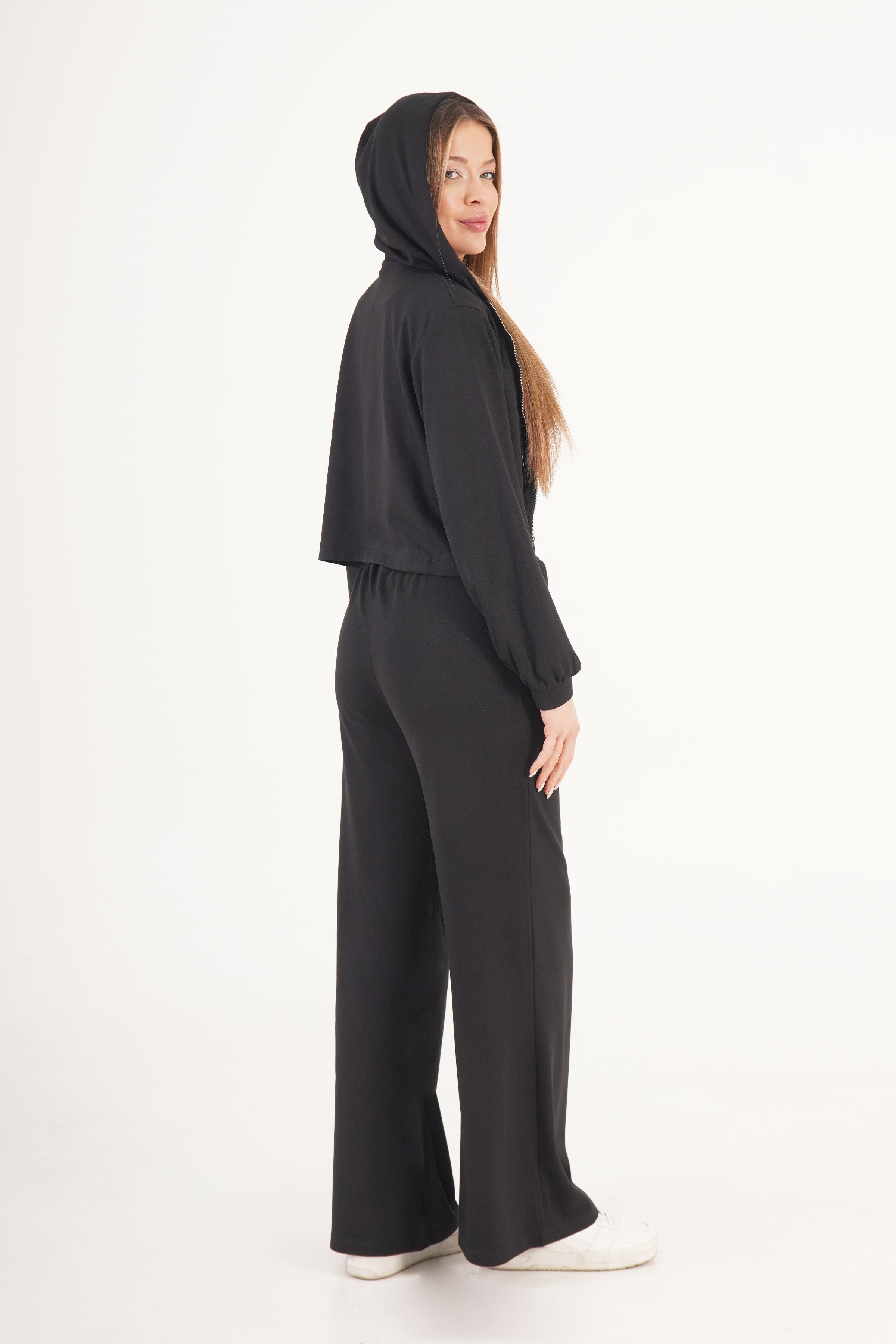 Modal Hırka Pantolon Crop Siyah Toptan Üçlü Takım
