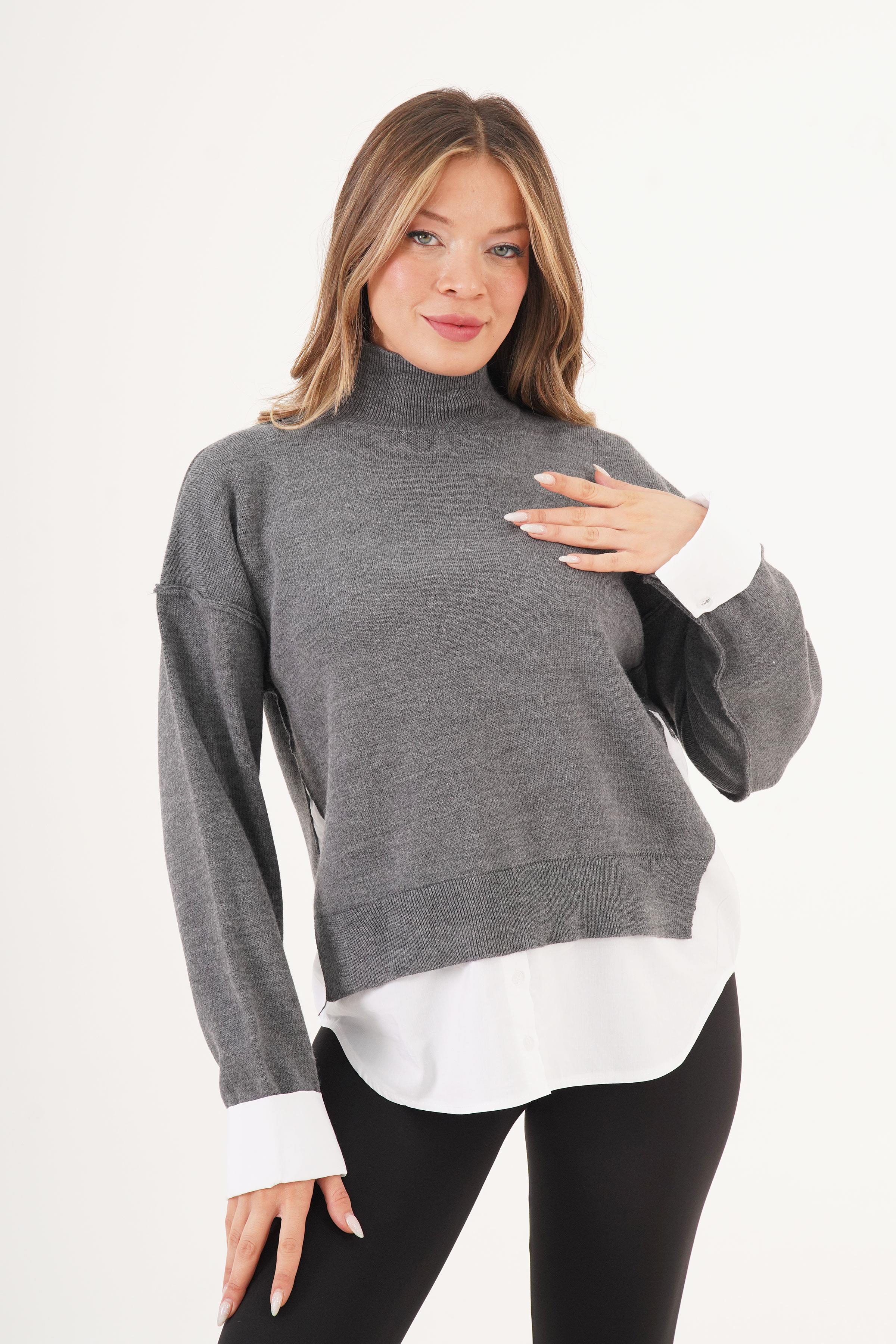 Gömlek Detaylı Dik Yaka Antrasit Toptan Kazak