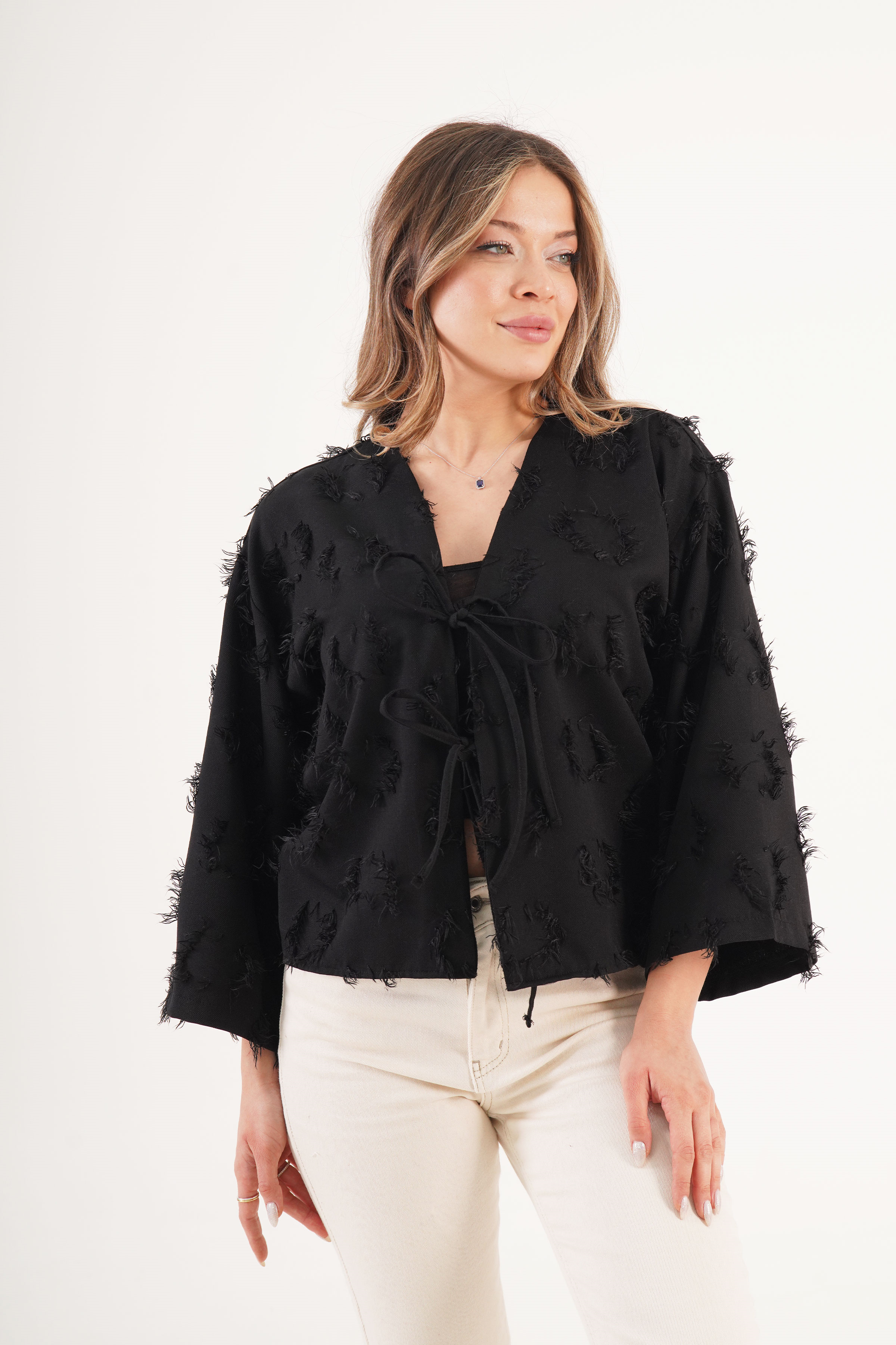 Saçaklı İp Bağlamalı Toptan Siyah Kimono Siyah S