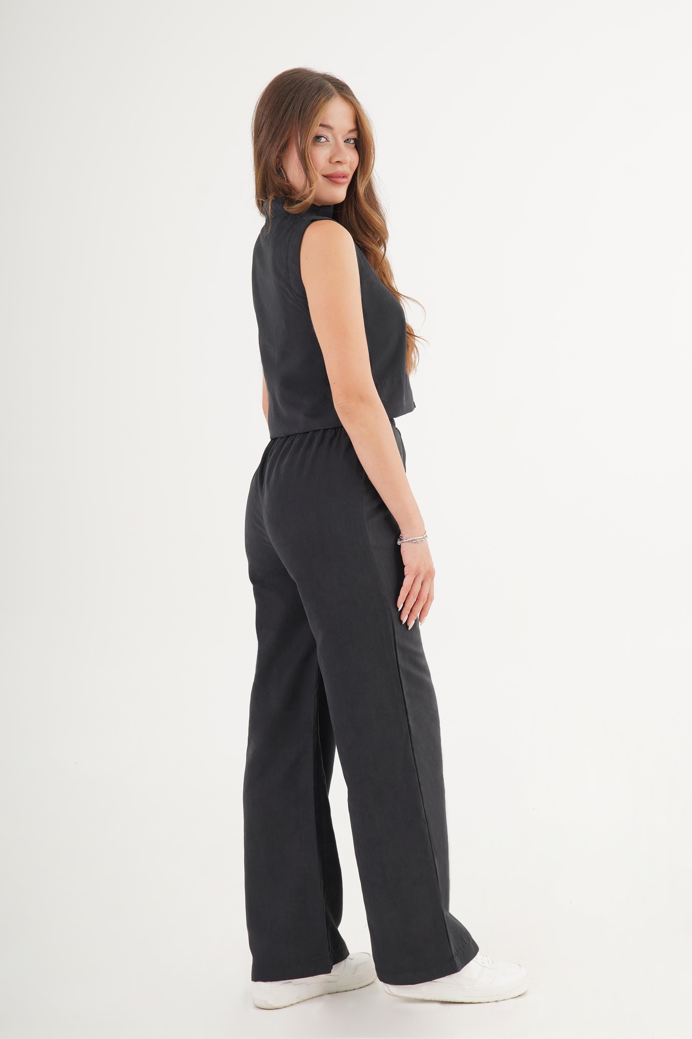 Kolsuz Yelek Bol Pantolon Süet Siyah Toptan Takım