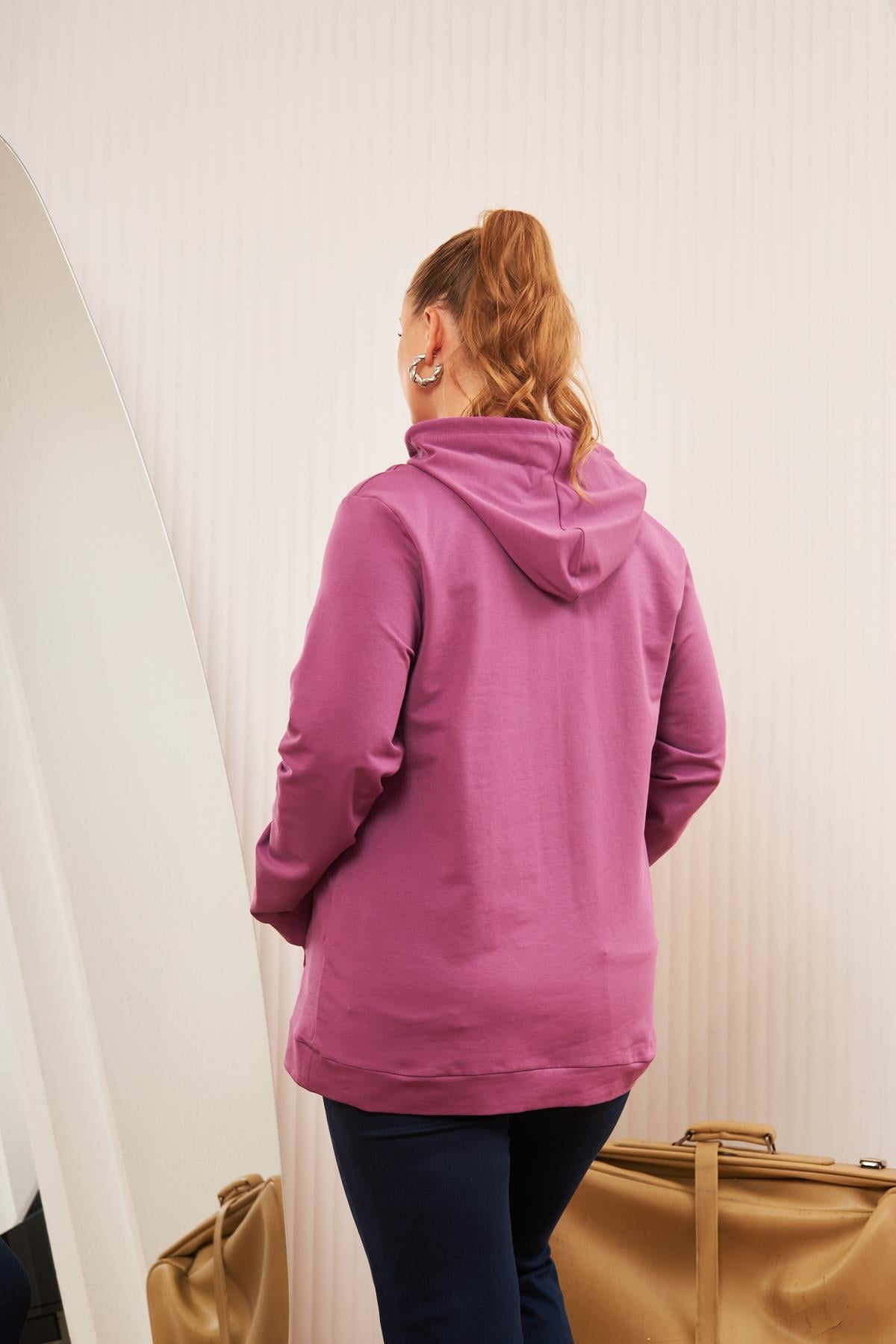 Kapşonlu Büyük Beden Mürdüm Sweatshirt