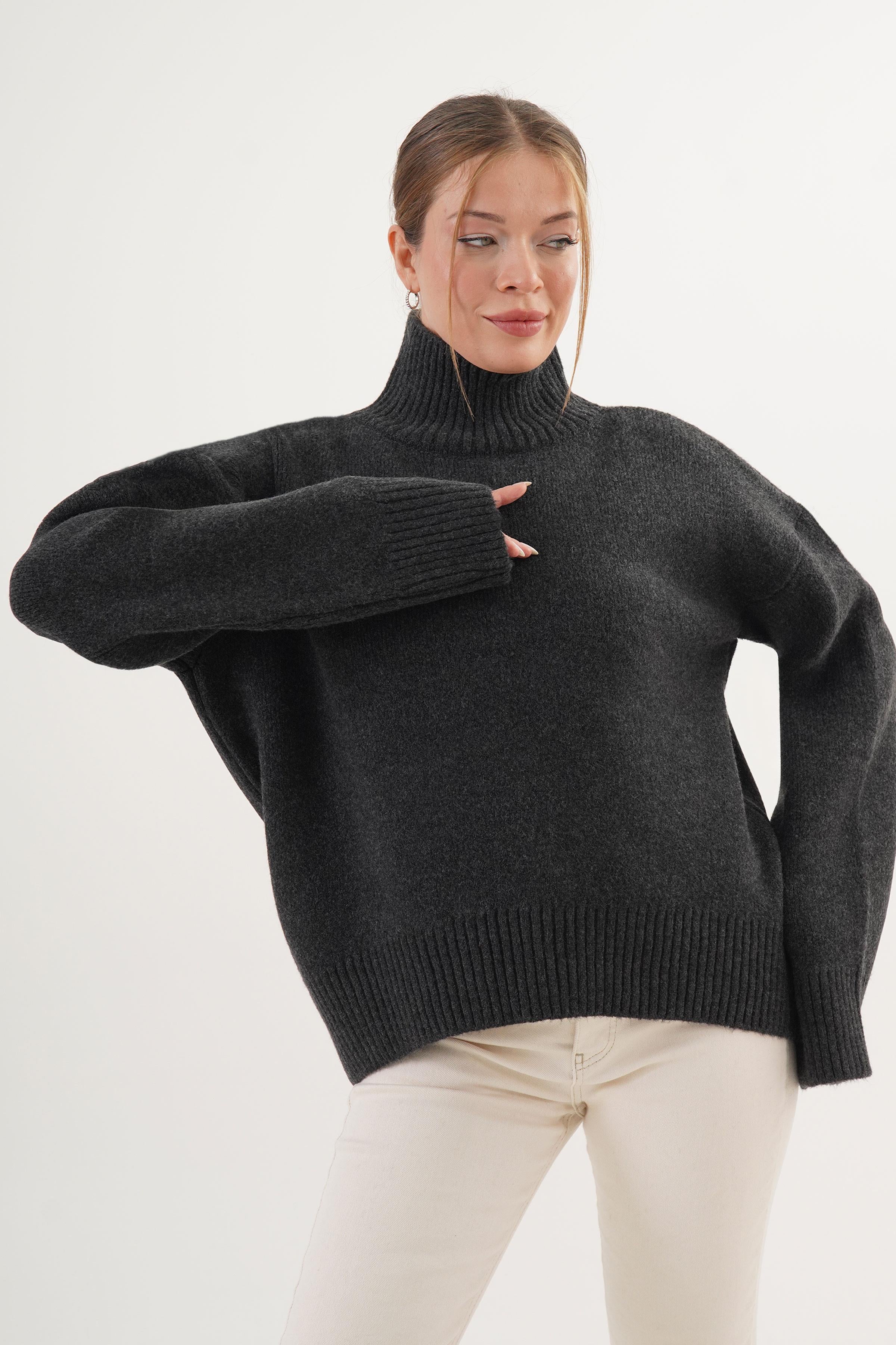 Yarım Balıkçı Yaka Kalın Toptan Antrasit Triko Kazak