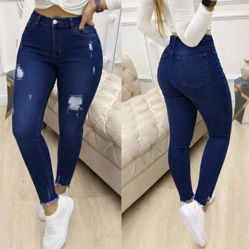 Women's High Waist Ripped Pattern Skinny Jeans, 33118