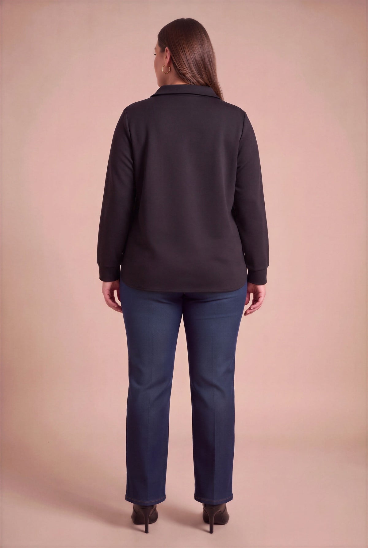 Fermuar Yakalı Taş İşlemeli Büyük Beden Modal Sweatshirt Siyah