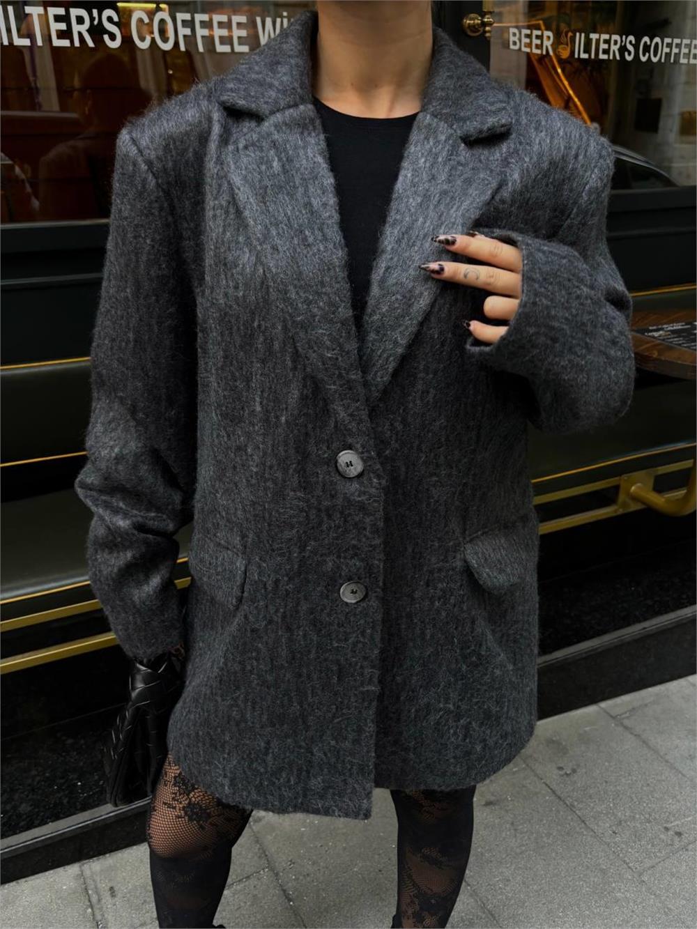 FIRÇALI KAŞE BOYFRİEND BLAZER CEKET - Gri