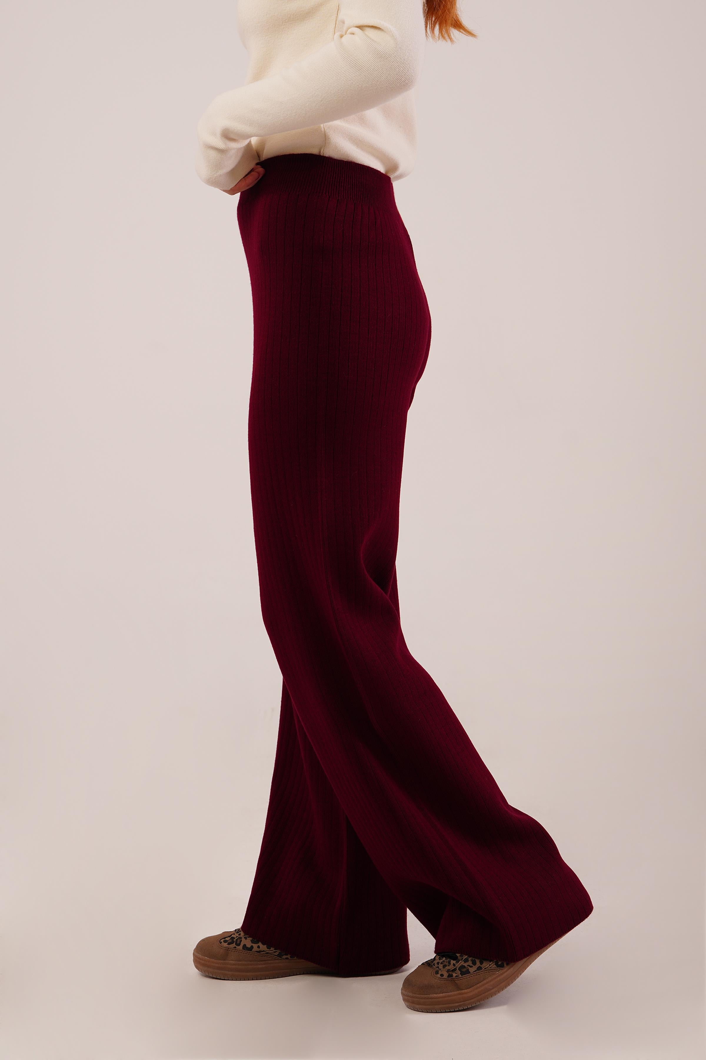 Fitilli Bel Lastikli Bol Paça Bordo Toptan Triko Pantolon