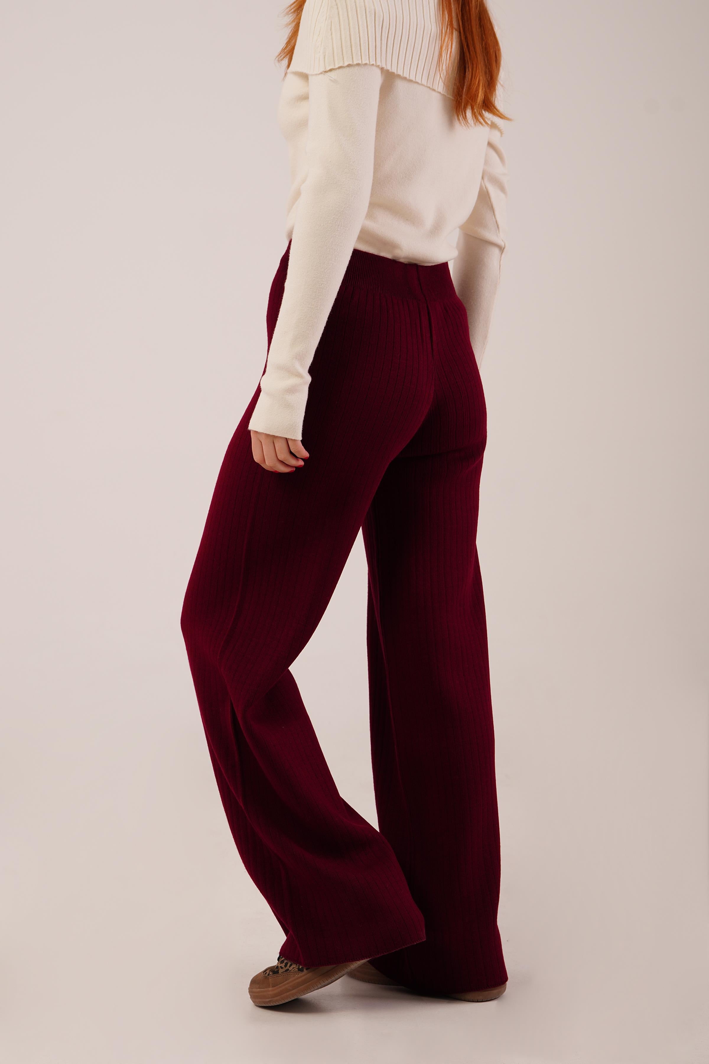 Fitilli Bel Lastikli Bol Paça Bordo Toptan Triko Pantolon