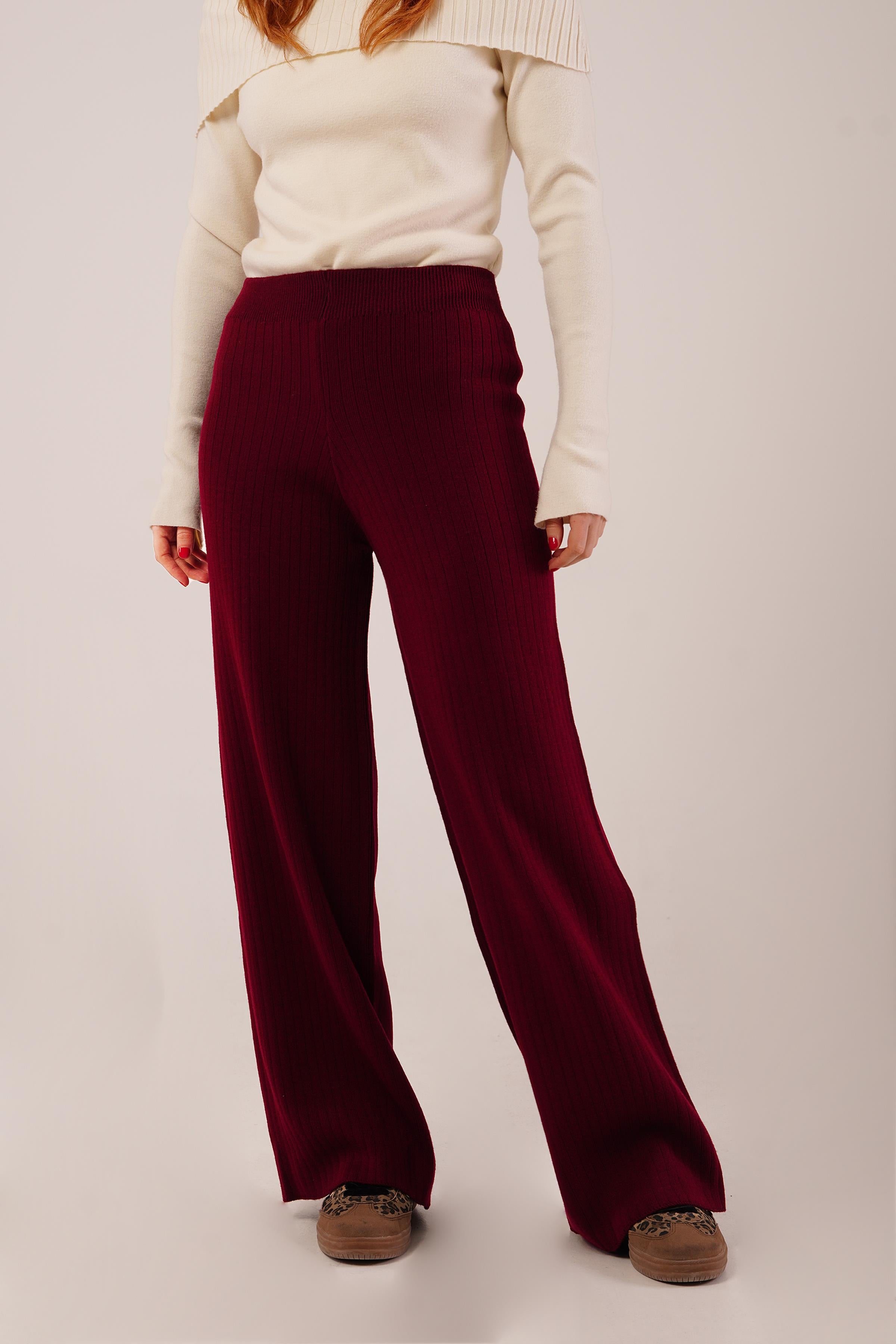 Fitilli Bel Lastikli Bol Paça Bordo Toptan Triko Pantolon