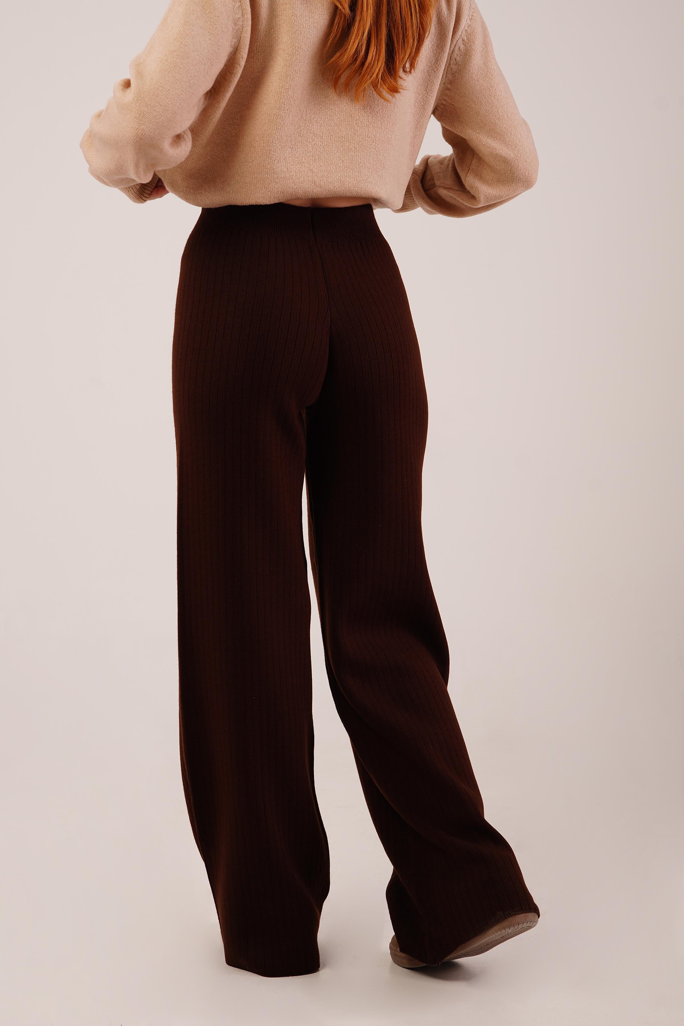 Fitilli Bel Lastikli Bol Paça Kahverengi Toptan Triko Pantolon