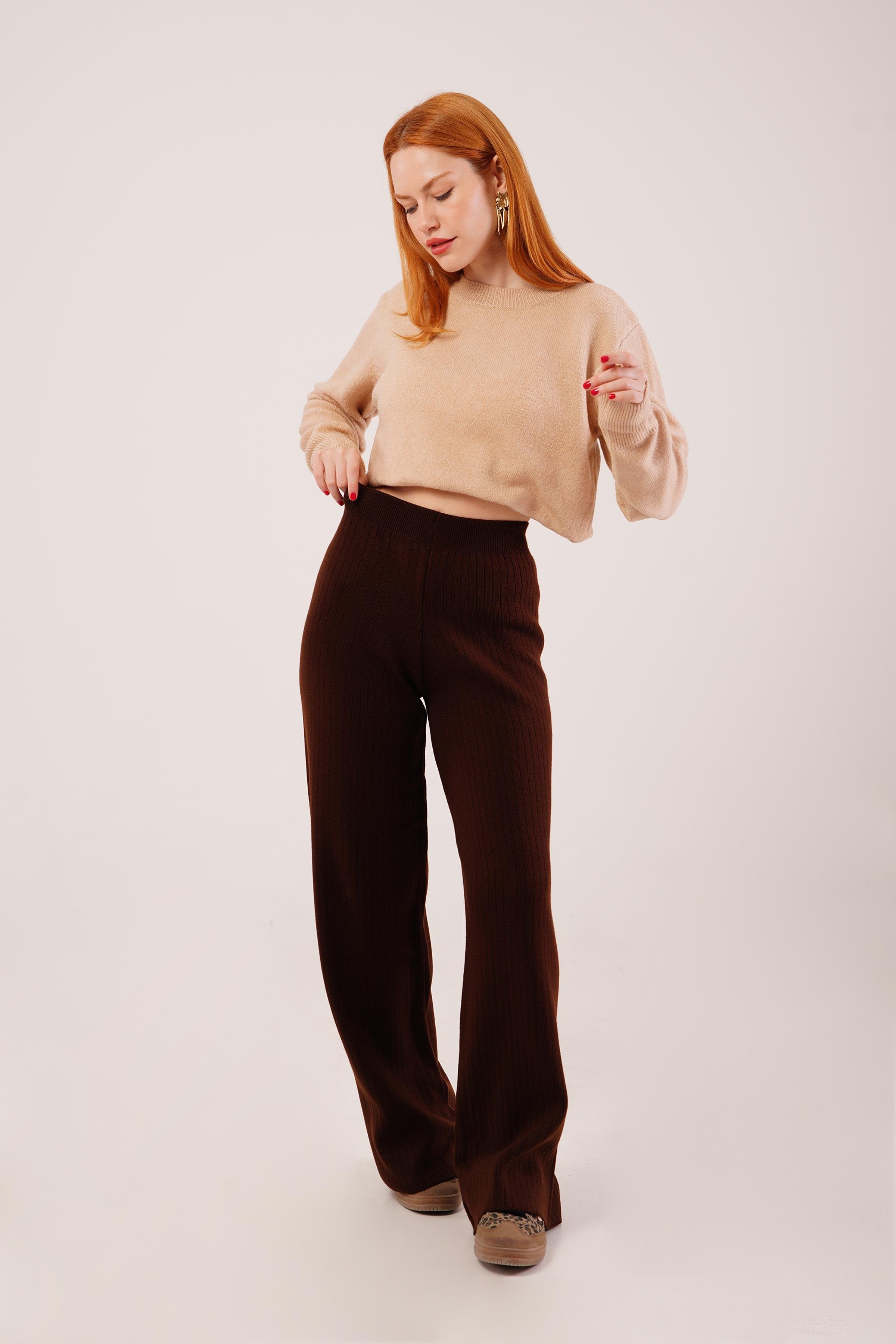 Fitilli Bel Lastikli Bol Paça Kahverengi Toptan Triko Pantolon Kahverengi STD