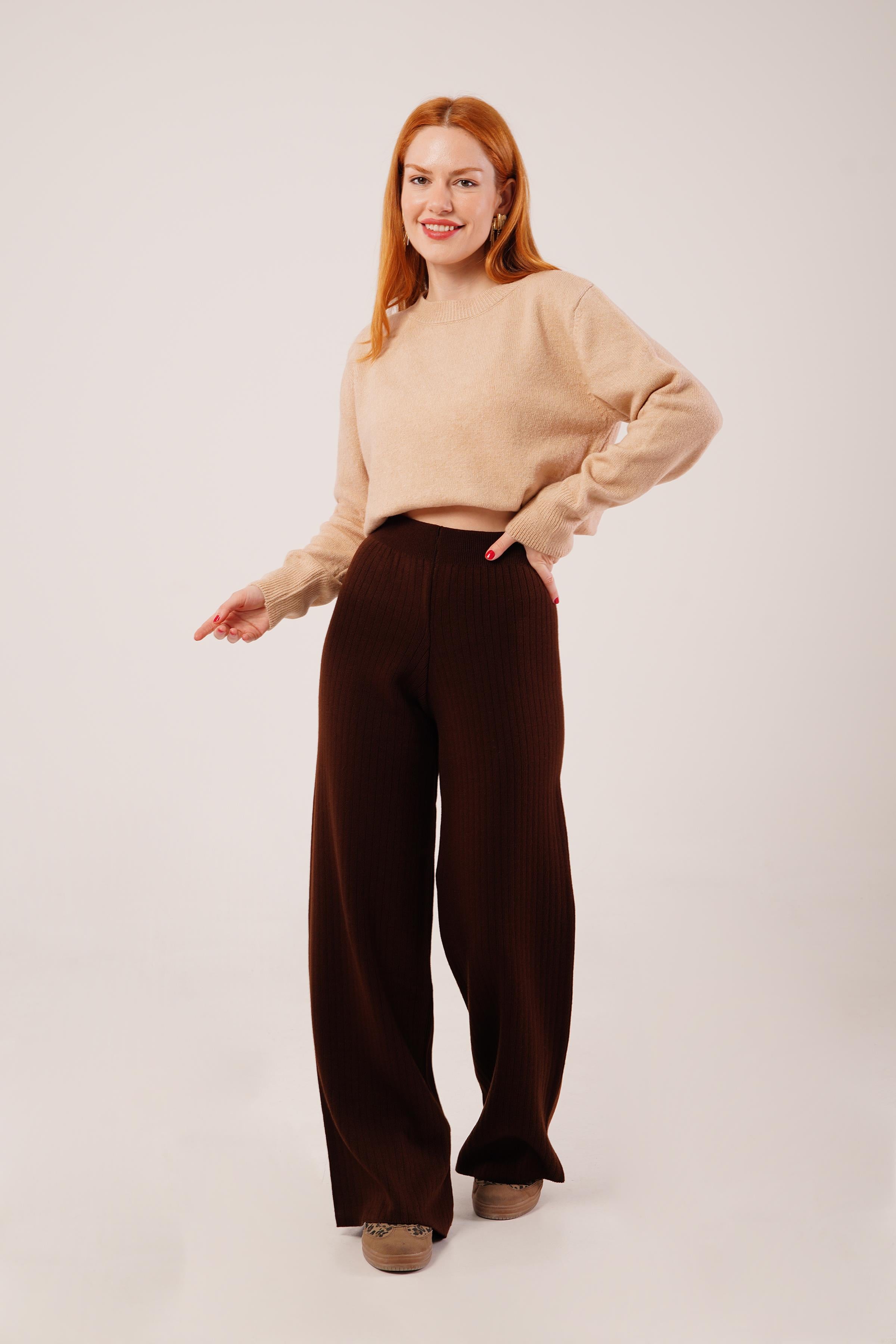 Fitilli Bel Lastikli Bol Paça Kahverengi Toptan Triko Pantolon