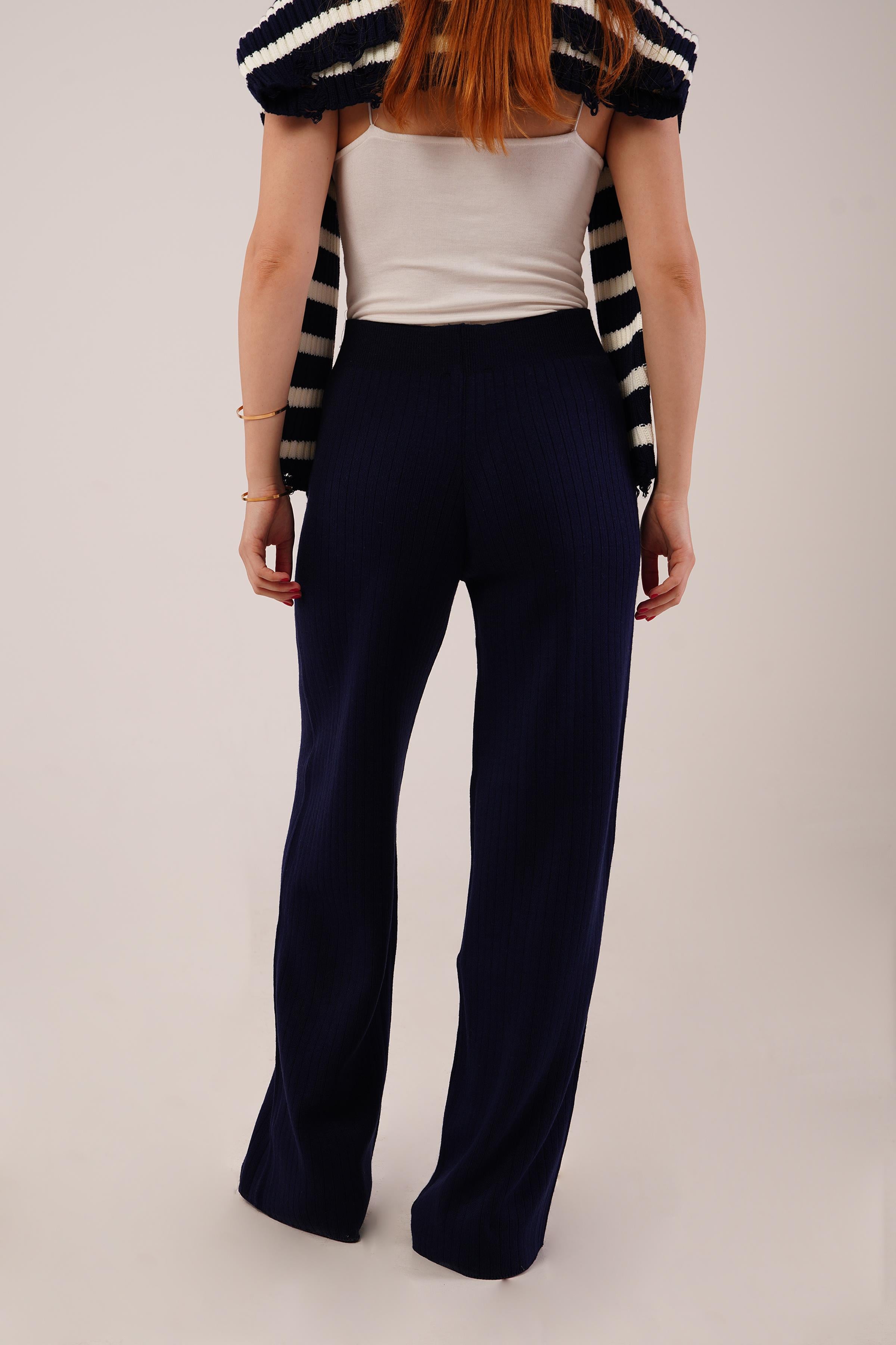 Fitilli Bel Lastikli Bol Paça Lacivert Toptan Triko Pantolon