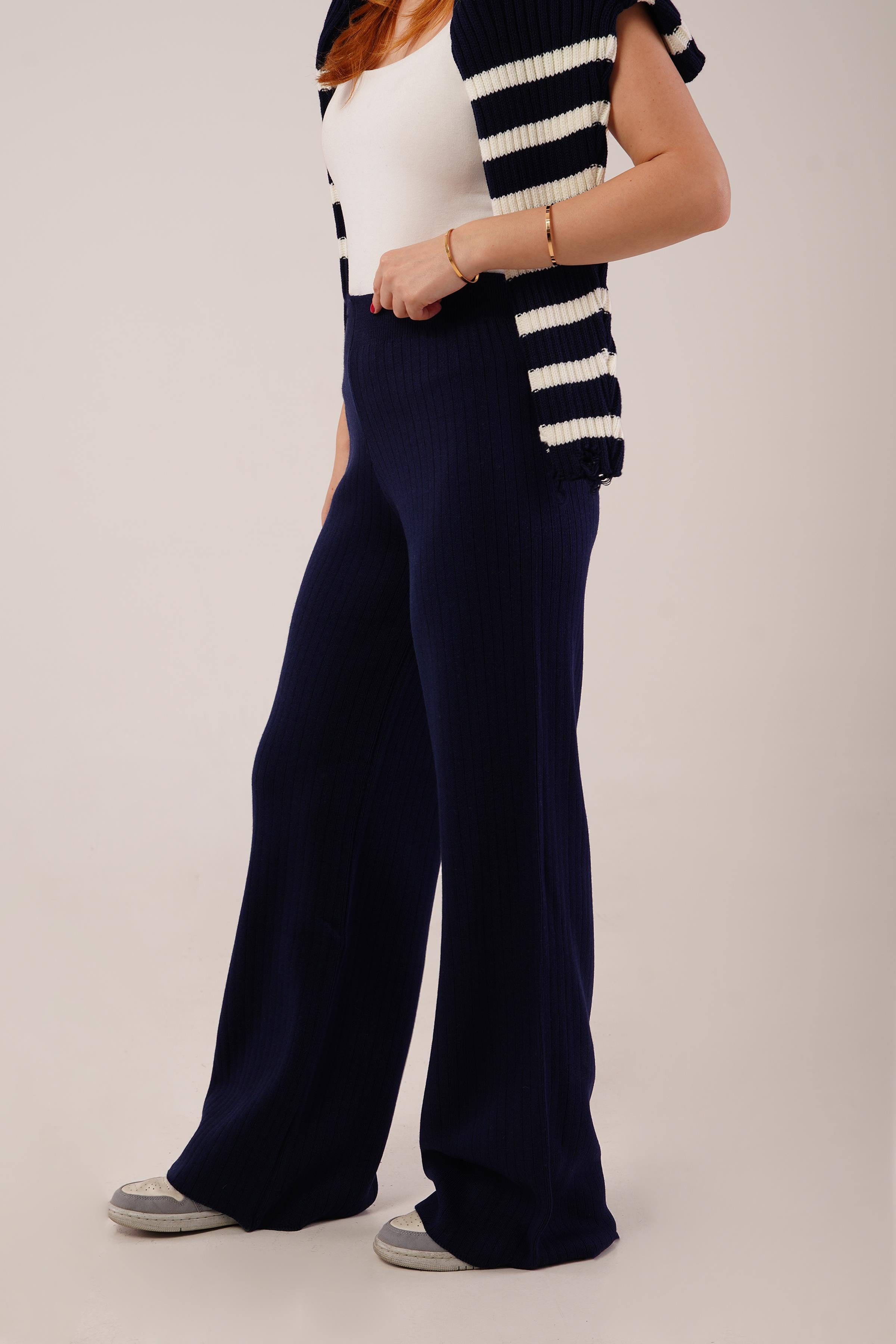 Fitilli Bel Lastikli Bol Paça Lacivert Toptan Triko Pantolon