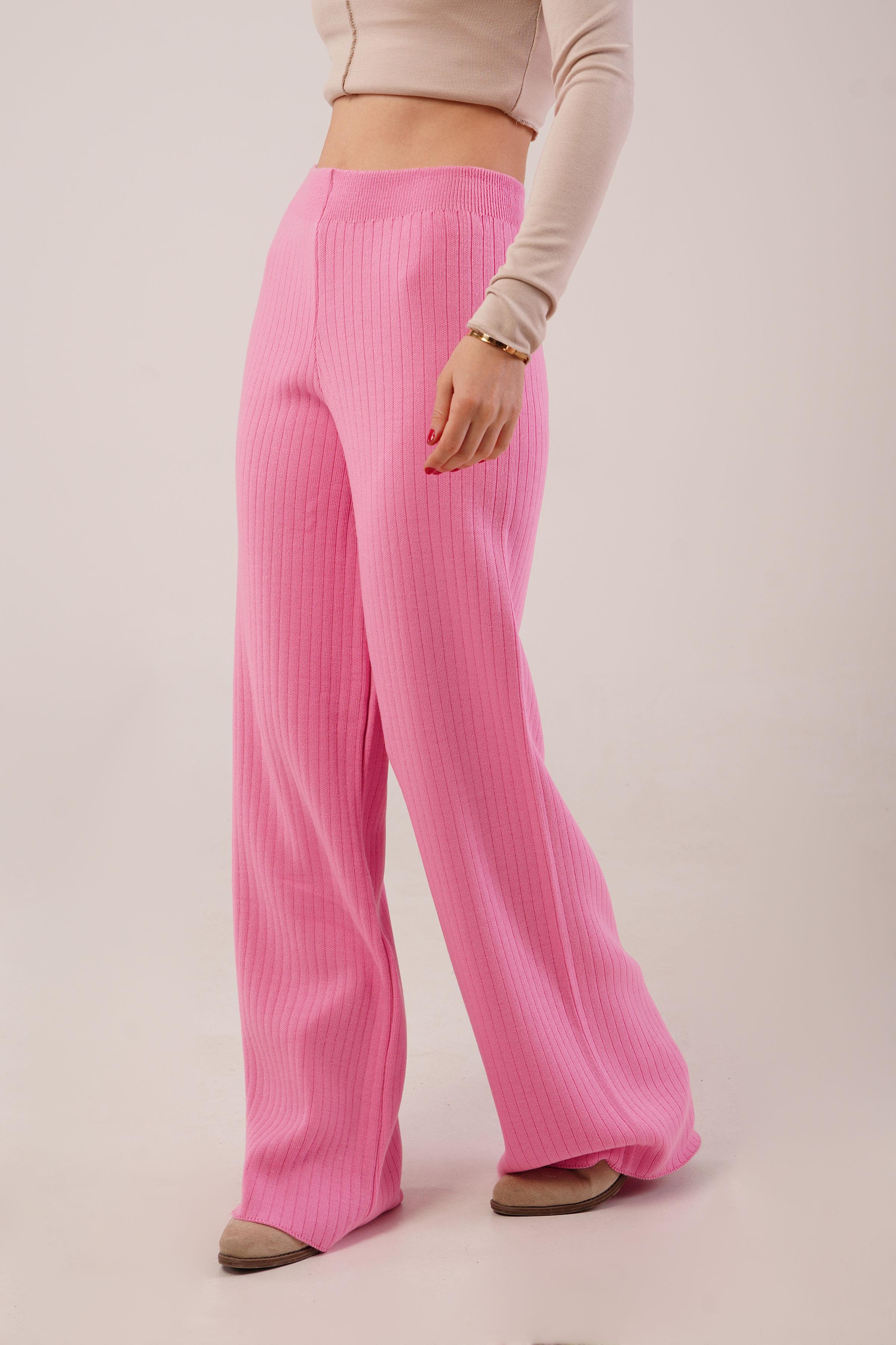 Fitilli Bel Lastikli Bol Paça Pembe Toptan Triko Pantolon