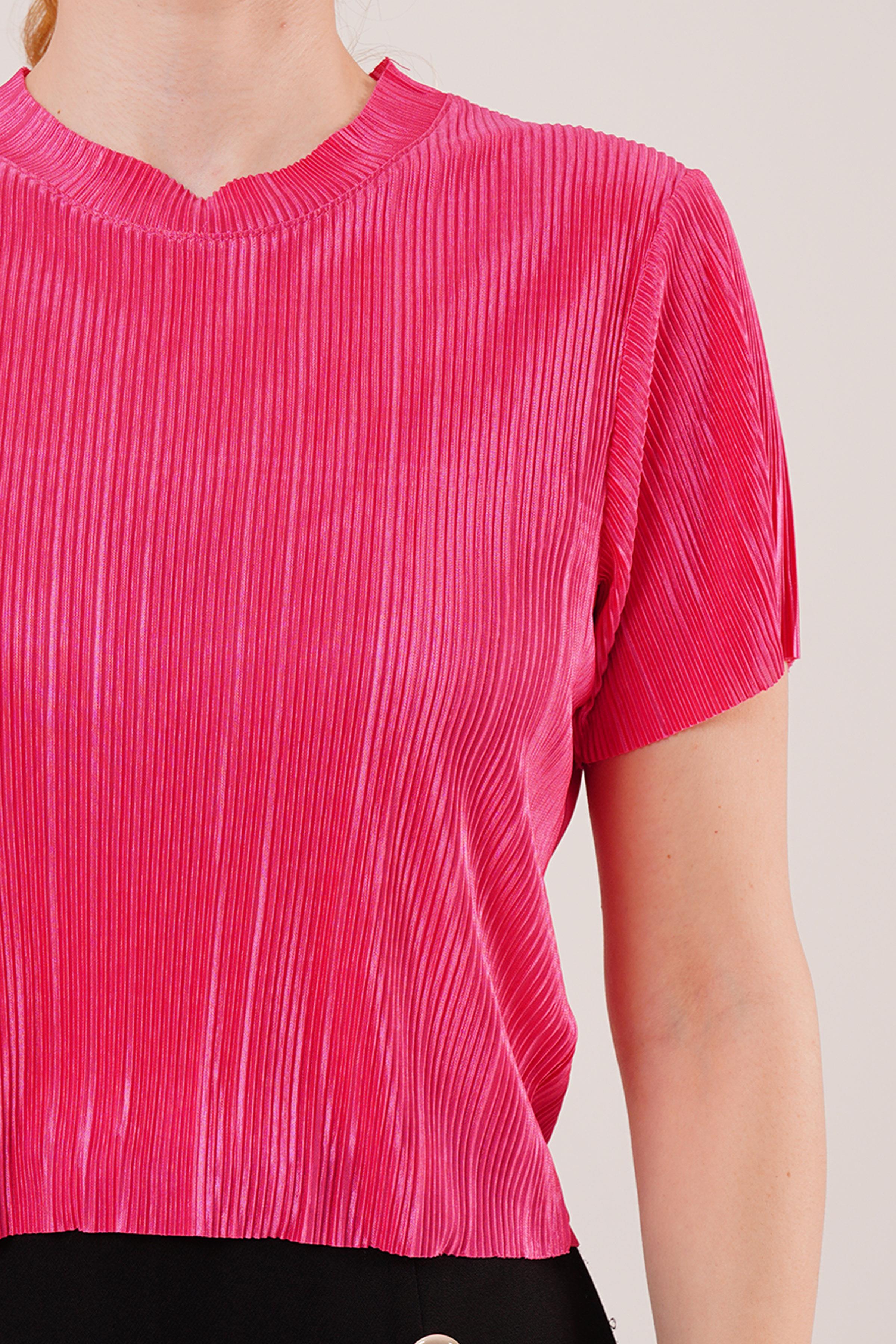 Fitilli Kısa Kollu Parlak Toptan Fuşya Bluz