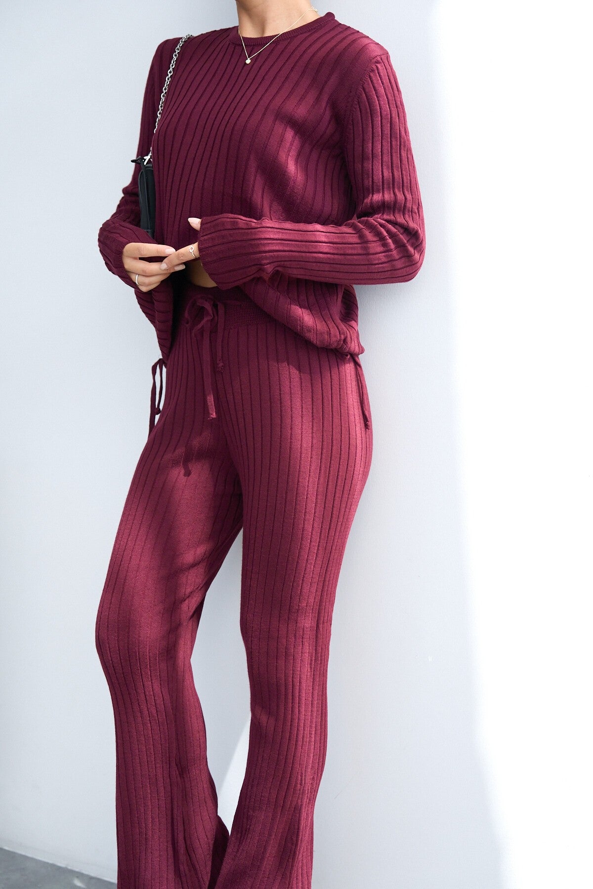 Bordo Fitilli Pantolonlu Takım