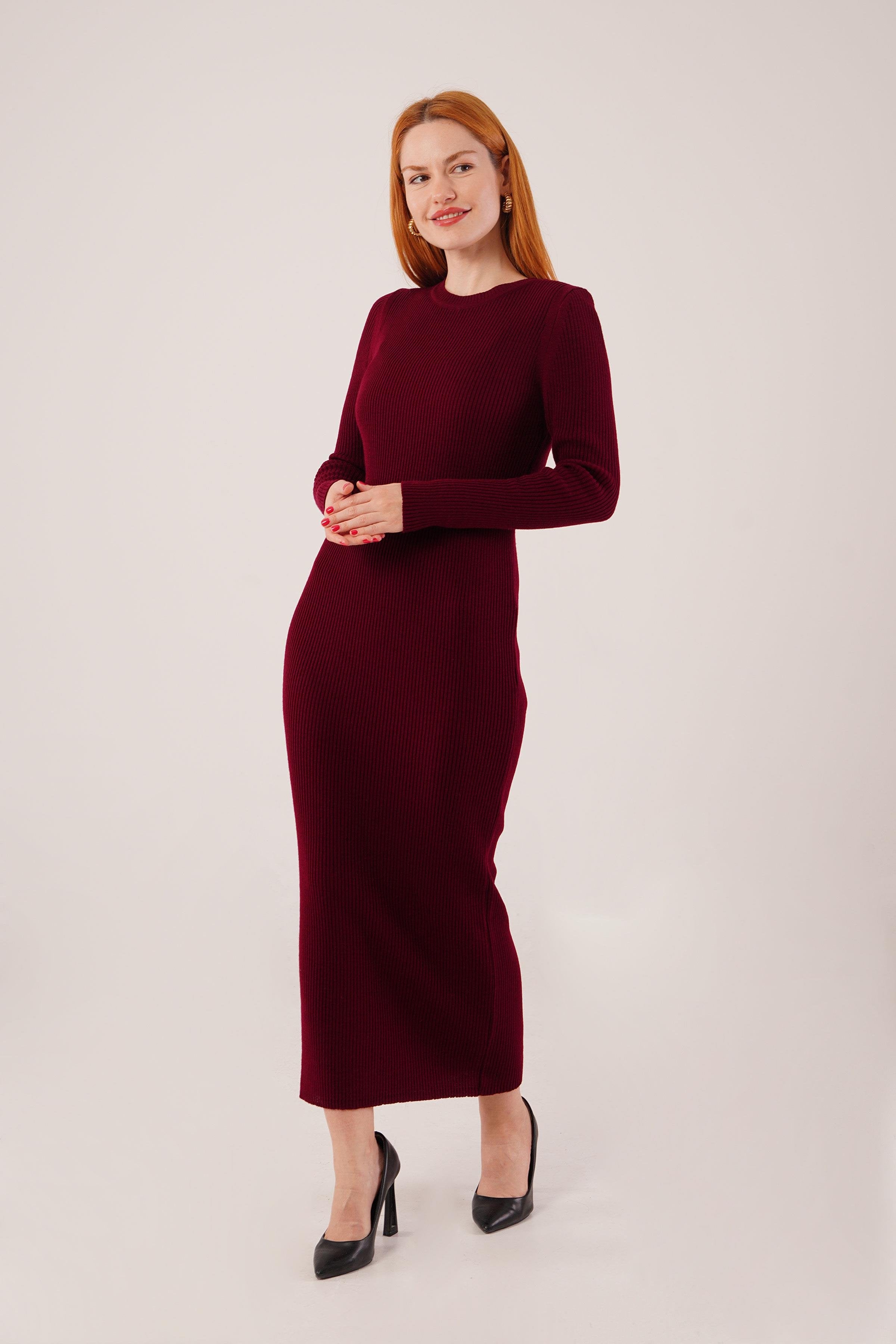 Fitilli Uzun Toptan Bordo Triko Elbise Bordo STD