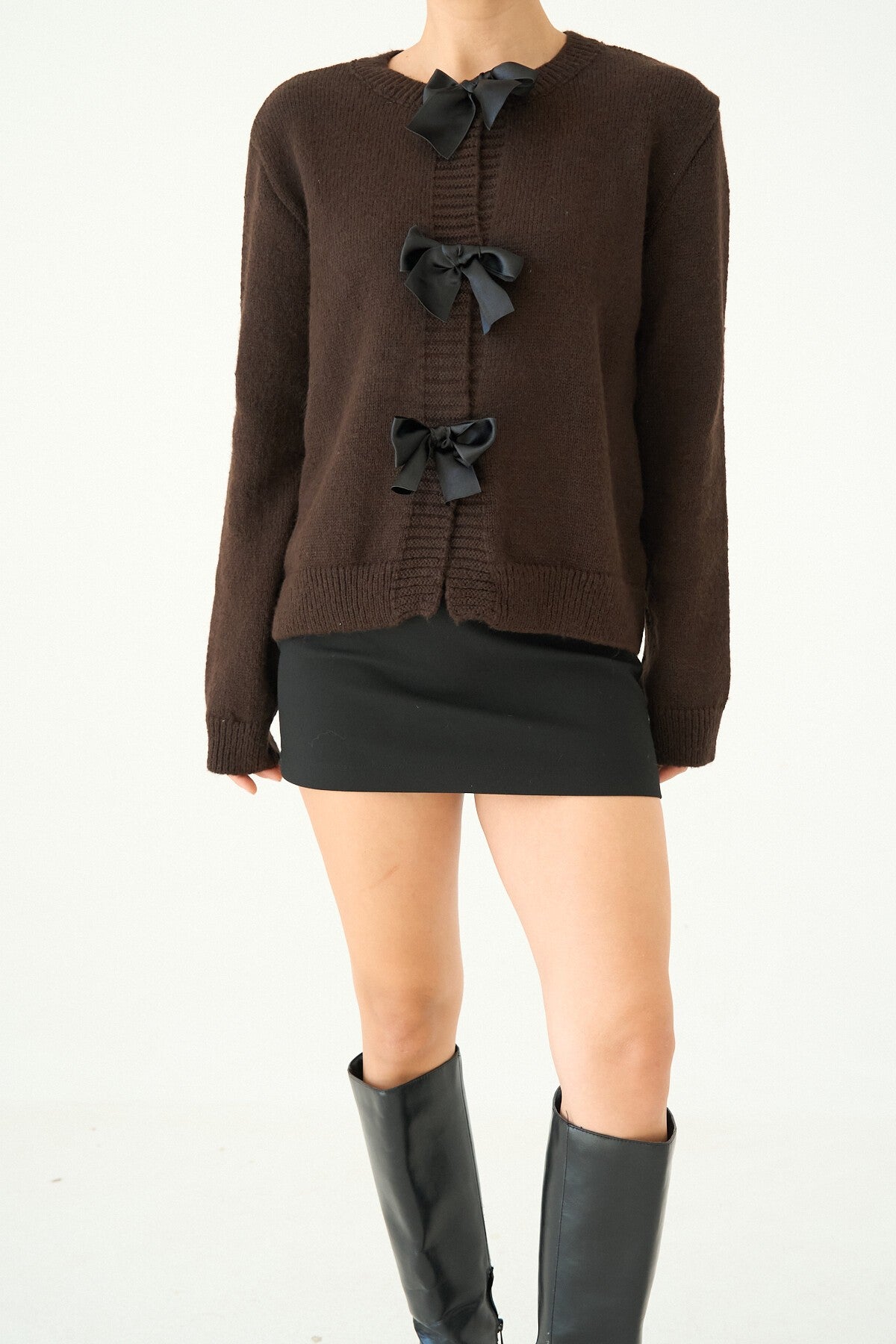 Cardigan with Dark Brown Bow Accessory