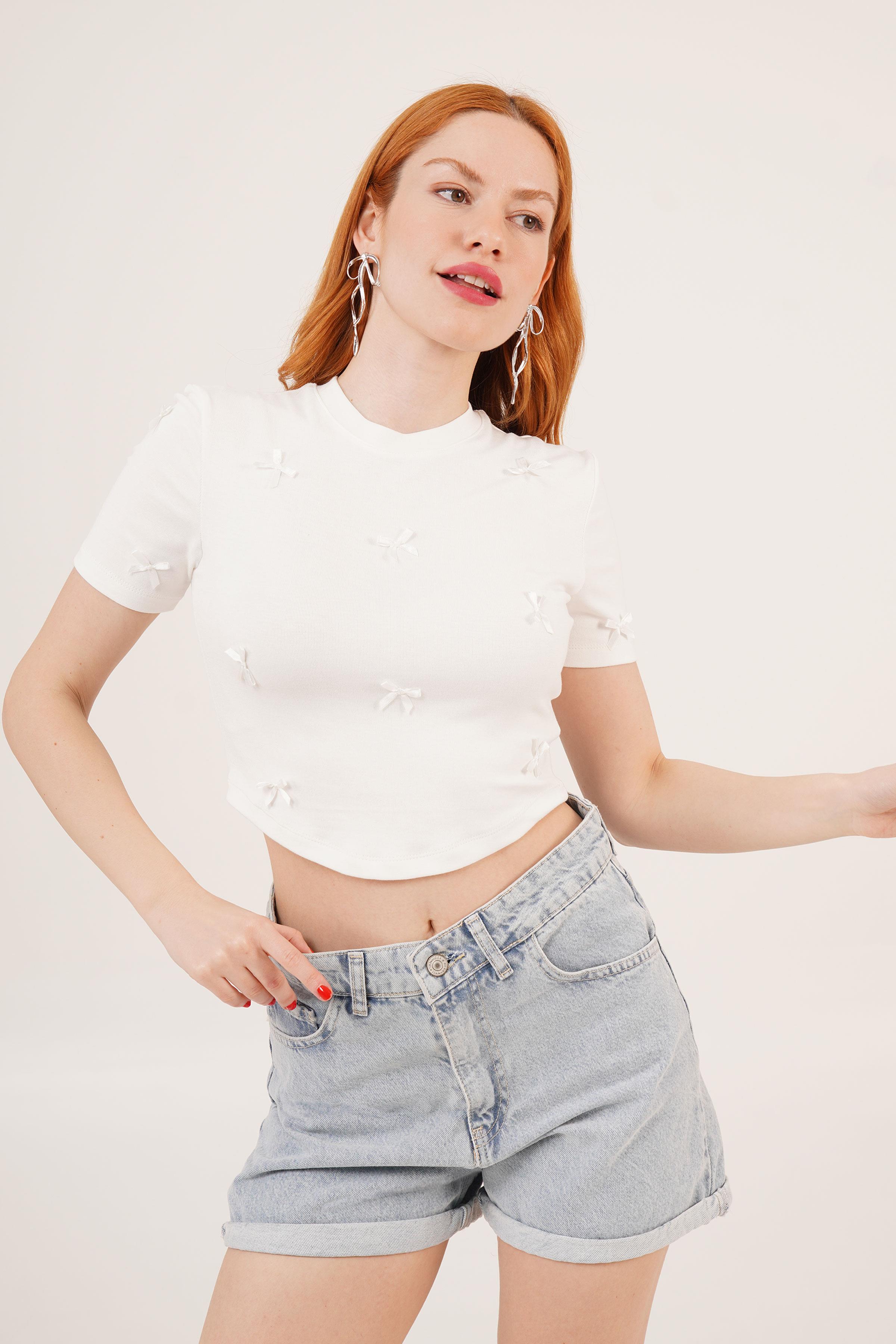 Fiyonklu Detaylı Beyaz Toptan Crop Tişört Bebe Mavi S