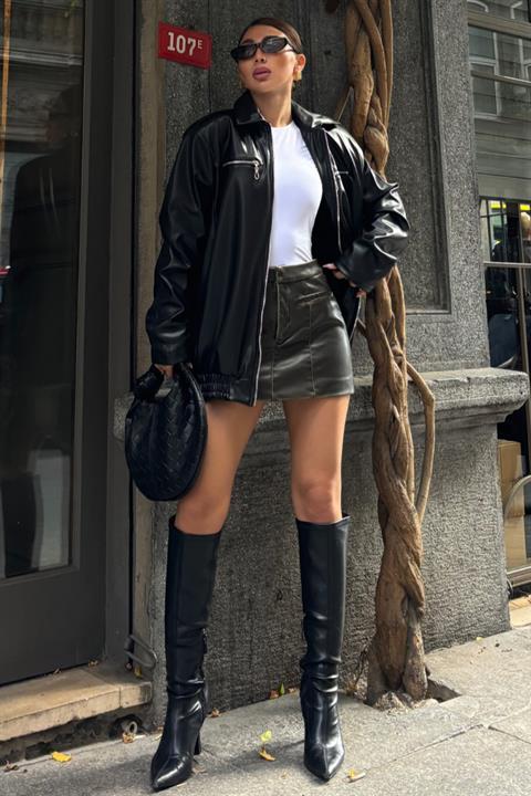 Florie Oversize Suni Deri Ceket 6108 SİYAH L