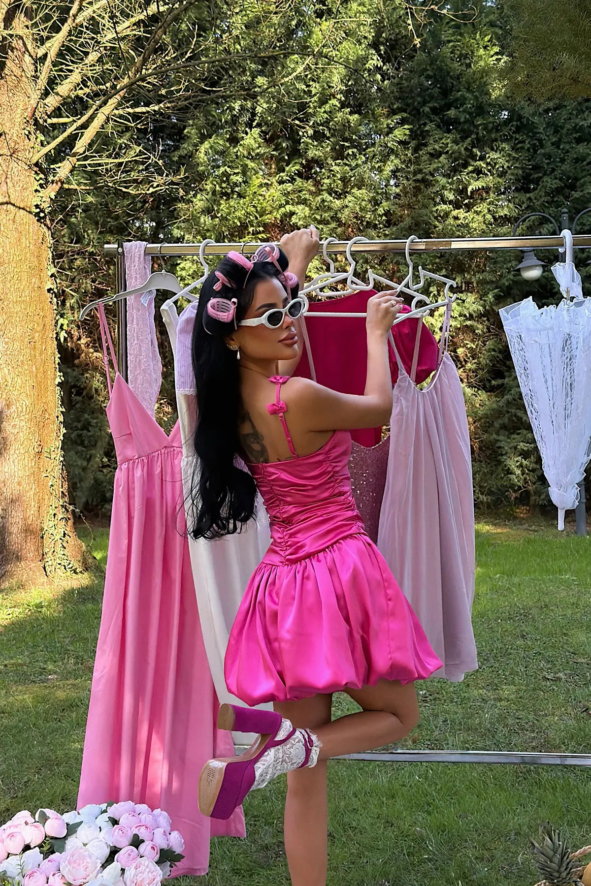 Fuşya Cecilia Askısı Fiyonk Detaylı Mini Balon Elbise