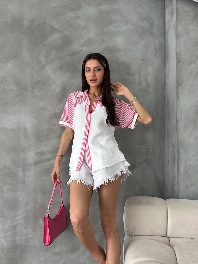 Topshow Fuşya Çizgi Detaylı Düşük Kol Toptan Gömlek