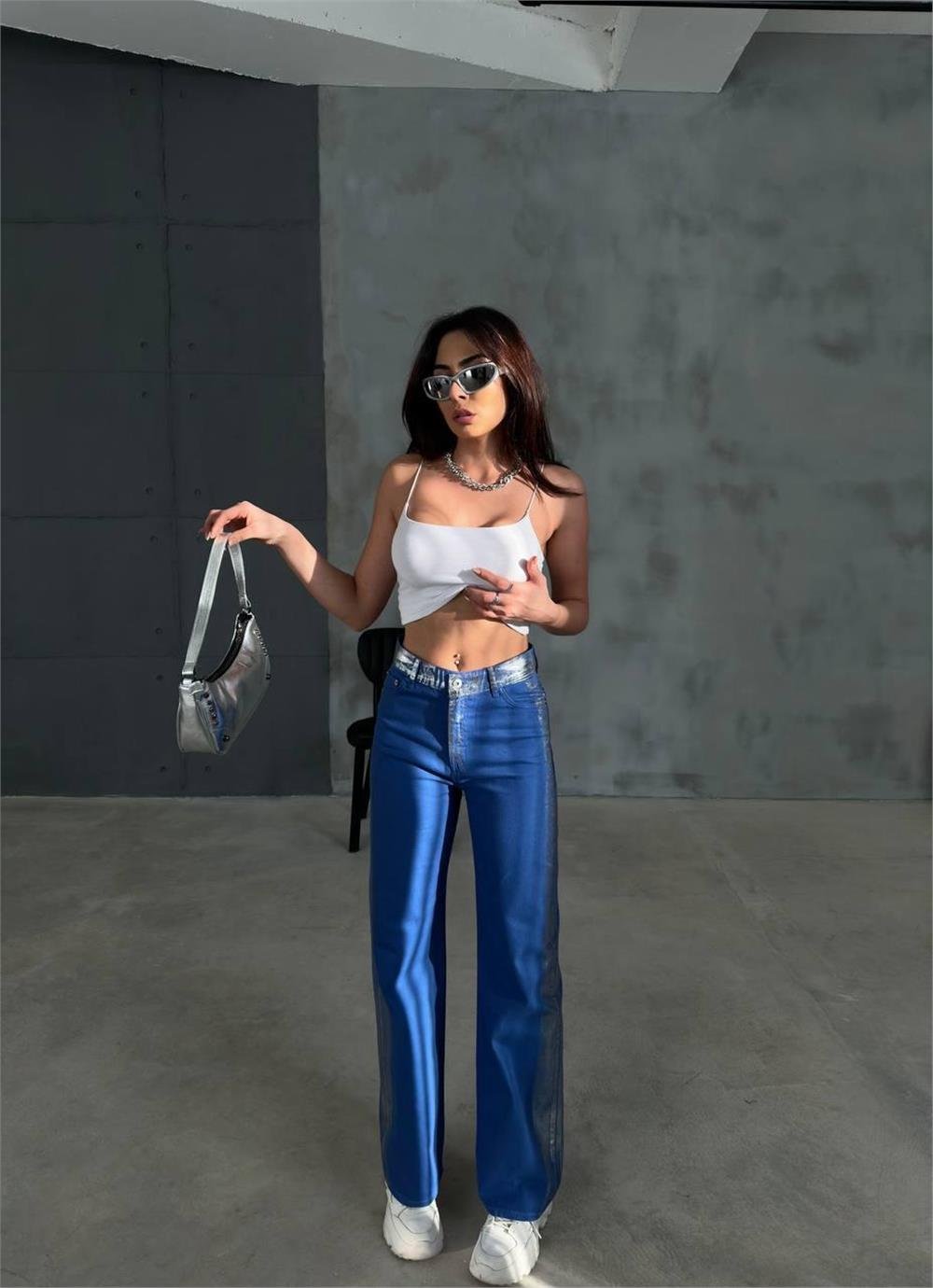 GABARDİN PALAZZO PANTOLON - Mavi