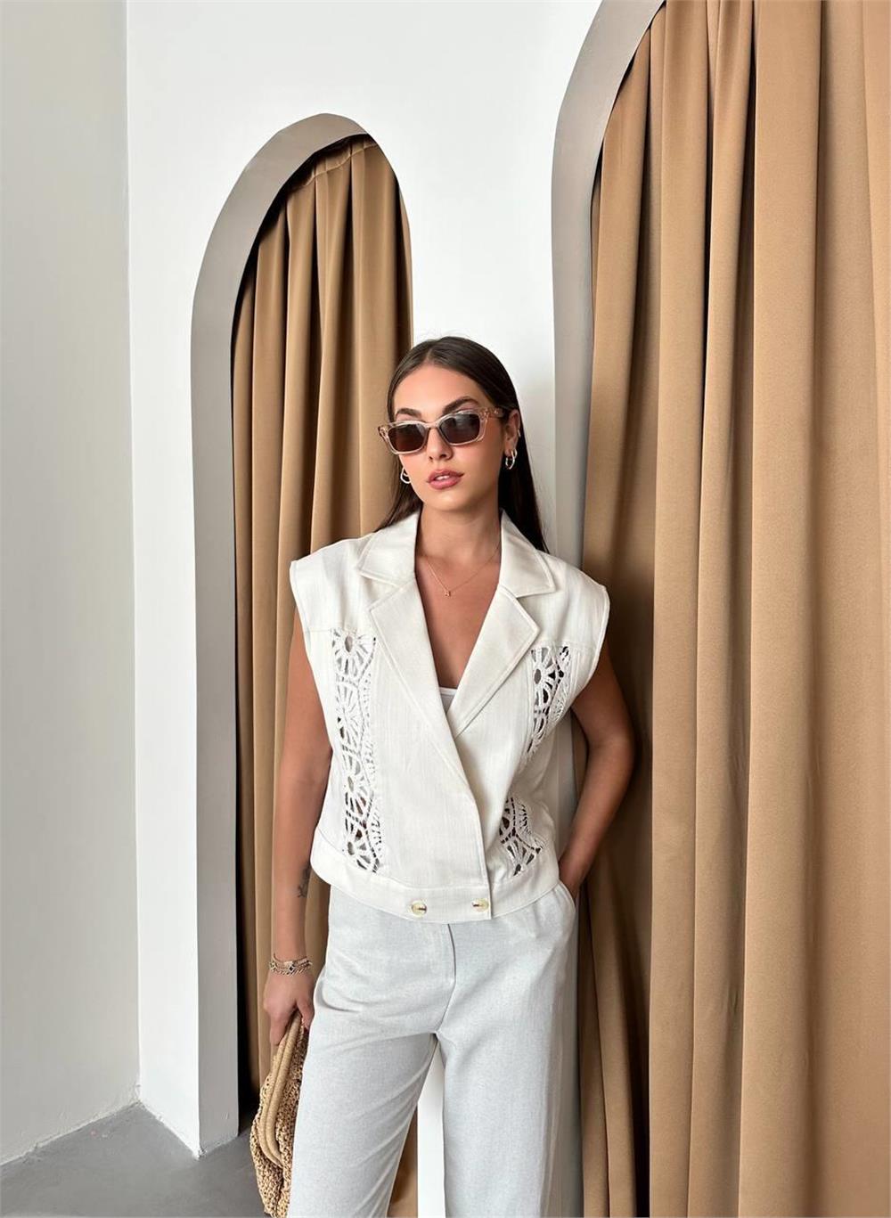 GABARDİN YELEK DANTEL DETAYLI - Ham