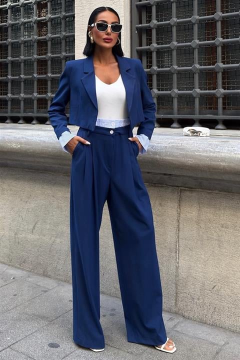 Garni Detaylı Crop Ceketli Takım 10075 LACİVERT L