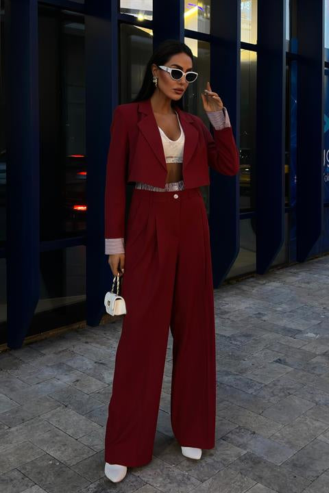 Garni Detaylı Crop Ceketli Takım 10075 BORDO L