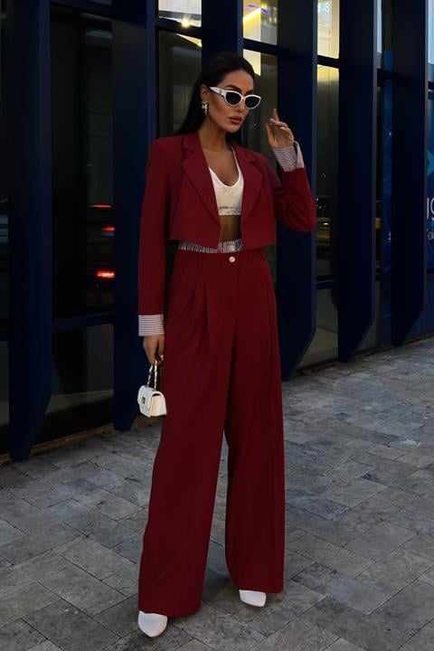 Garni Detaylı Crop Ceketli Takım 10075 BORDO L