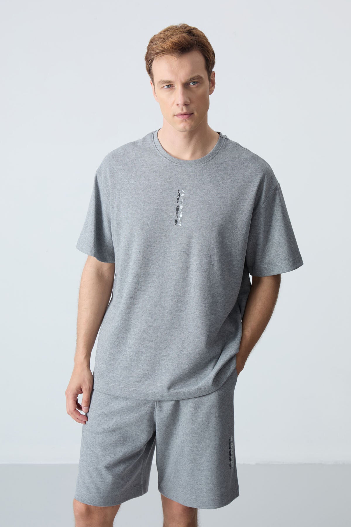 Gri Melanj Pamuklu Kalın Yumuşak Dokulu Oversize Fit Basic Erkek Şort Takım - 85258