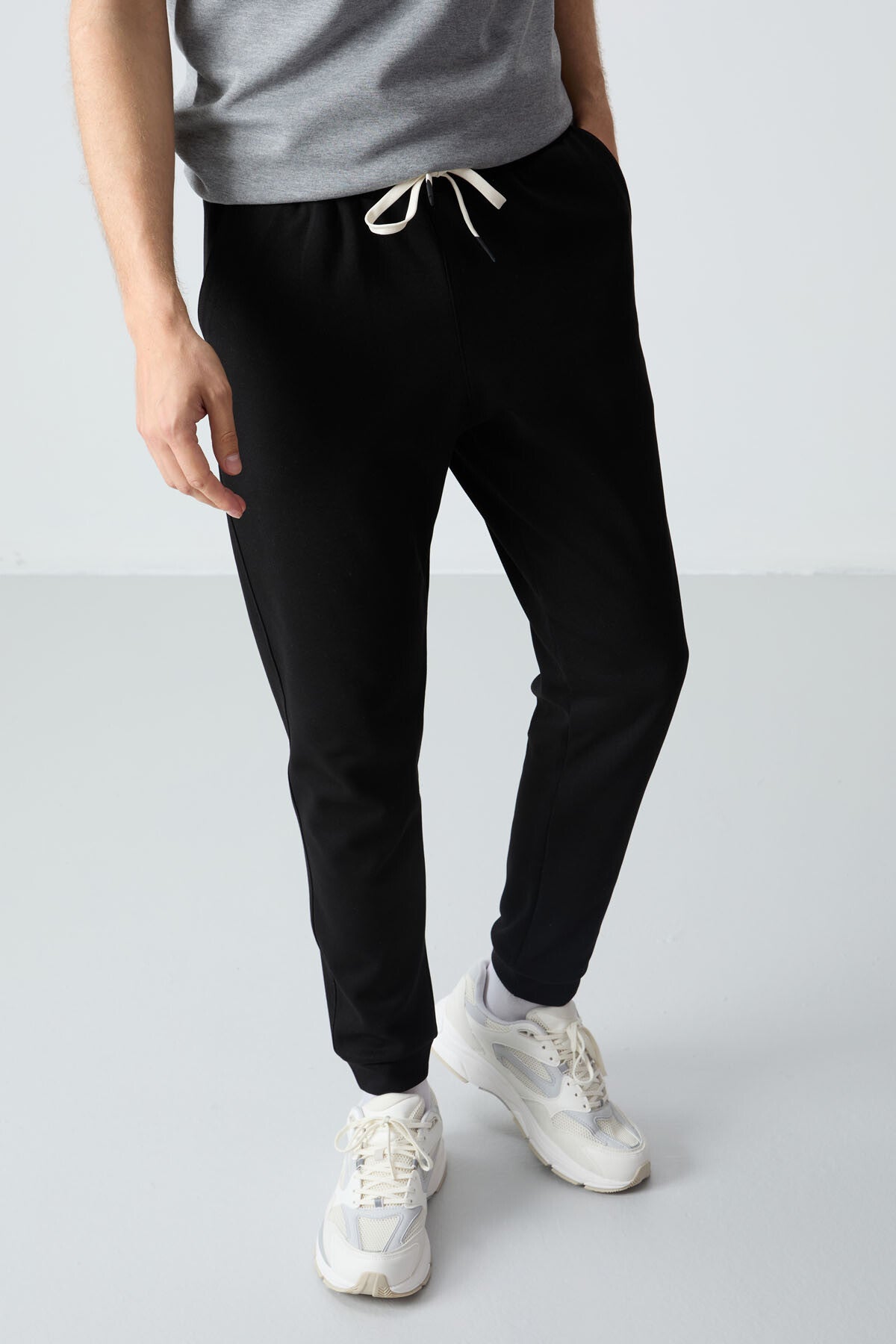 Gri Melanj  Siyah Pamuklu Kalın Yumuşak Dokulu Oversize Fit Basic Erkek Eşofman Takım - 85261