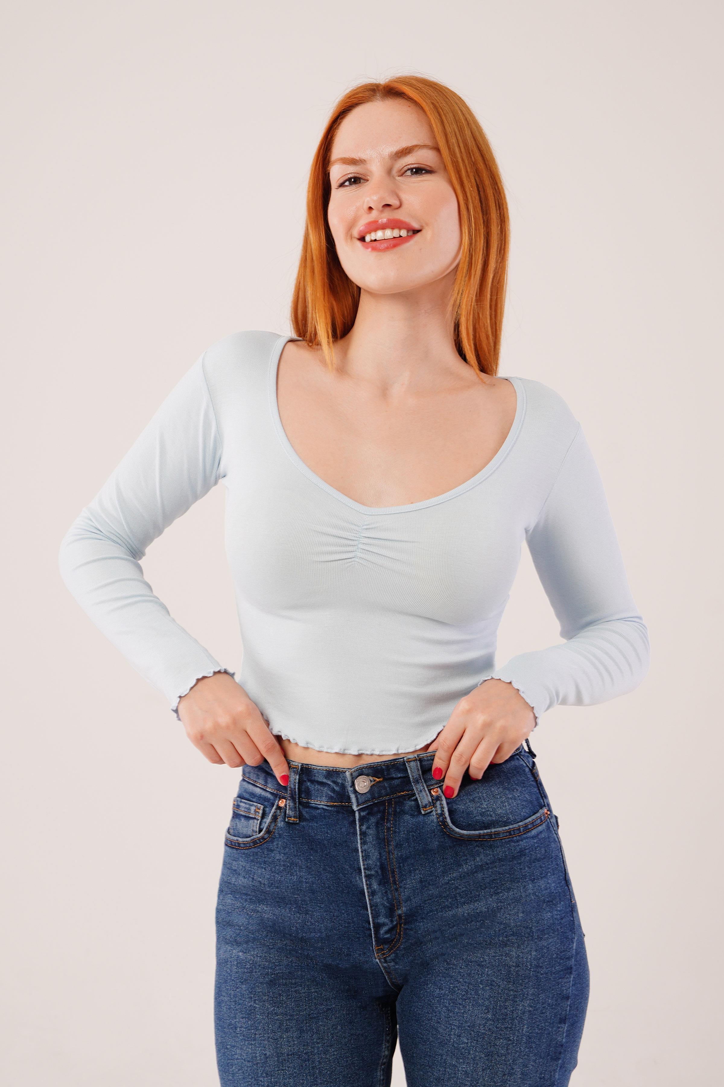 Geniş Yaka Bebe Mavisi Toptan Basic Body Bluz Bebe Mavi S