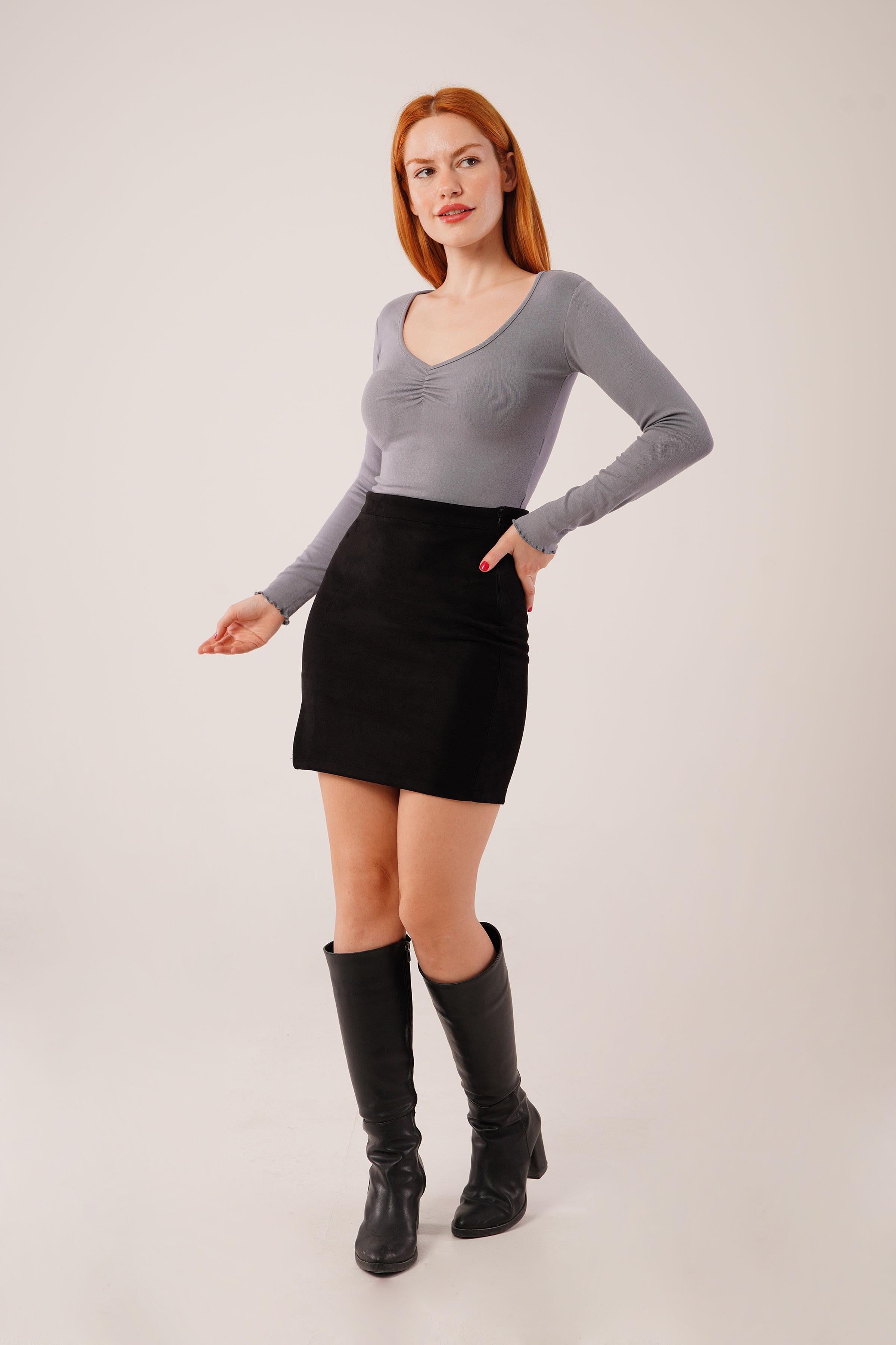 Geniş Yaka Gri Toptan Basic Body Bluz