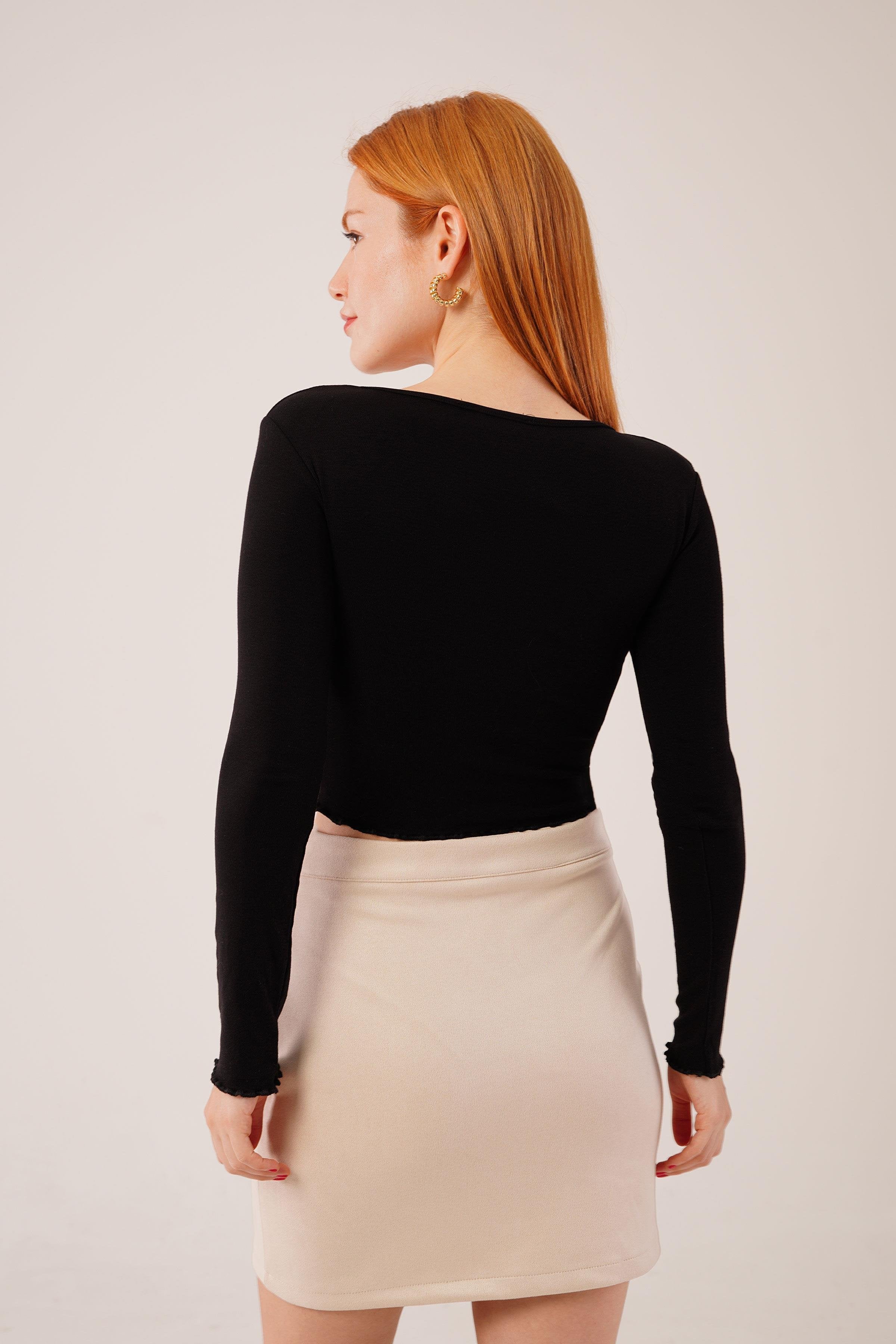 Geniş Yaka Siyah Toptan Basic Body Bluz