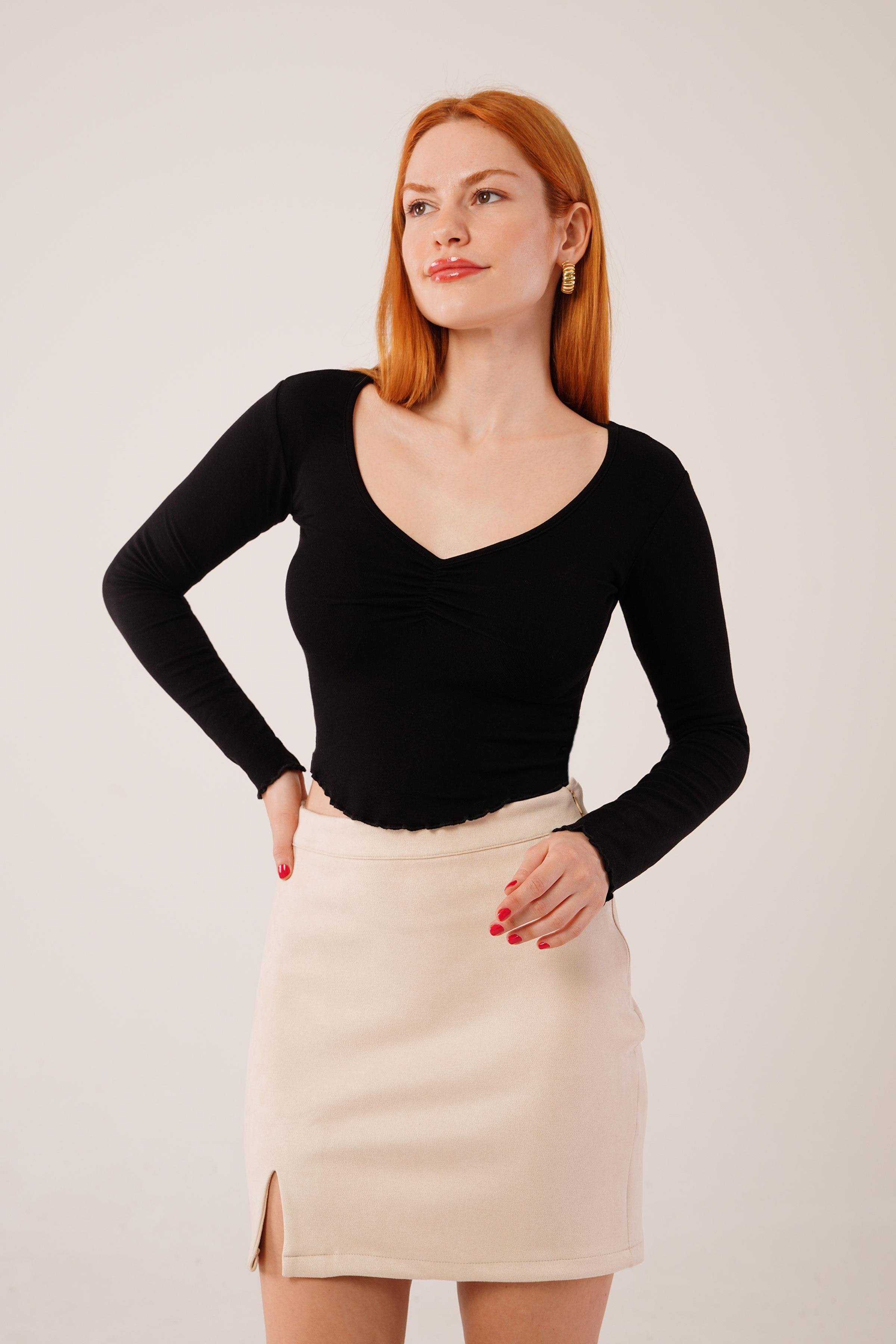 Geniş Yaka Siyah Toptan Basic Body Bluz Siyah S