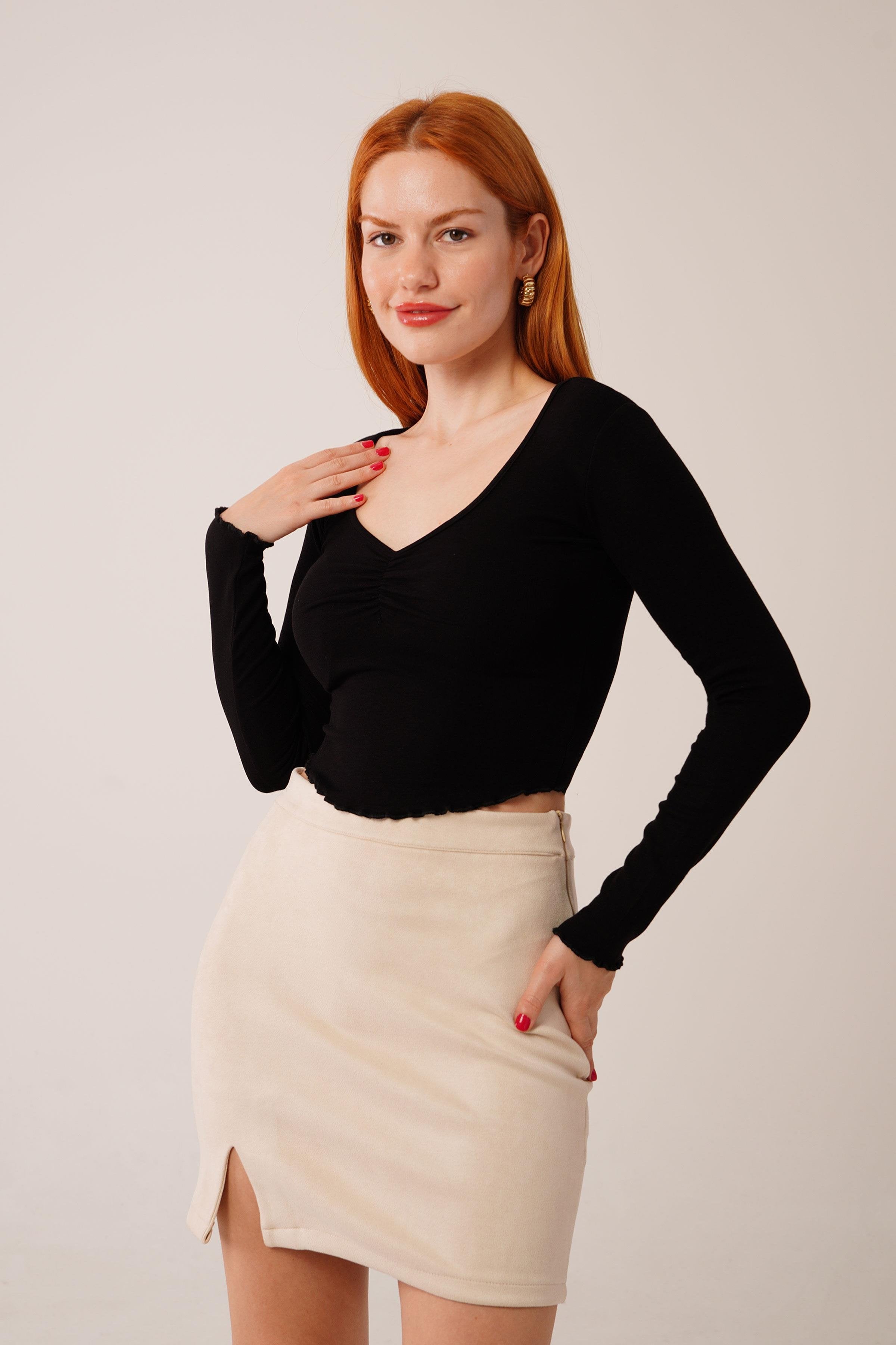 Geniş Yaka Siyah Toptan Basic Body Bluz