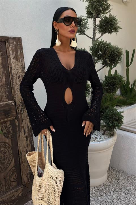 Göbek Dekolteli Ajurlu Elbise 2835